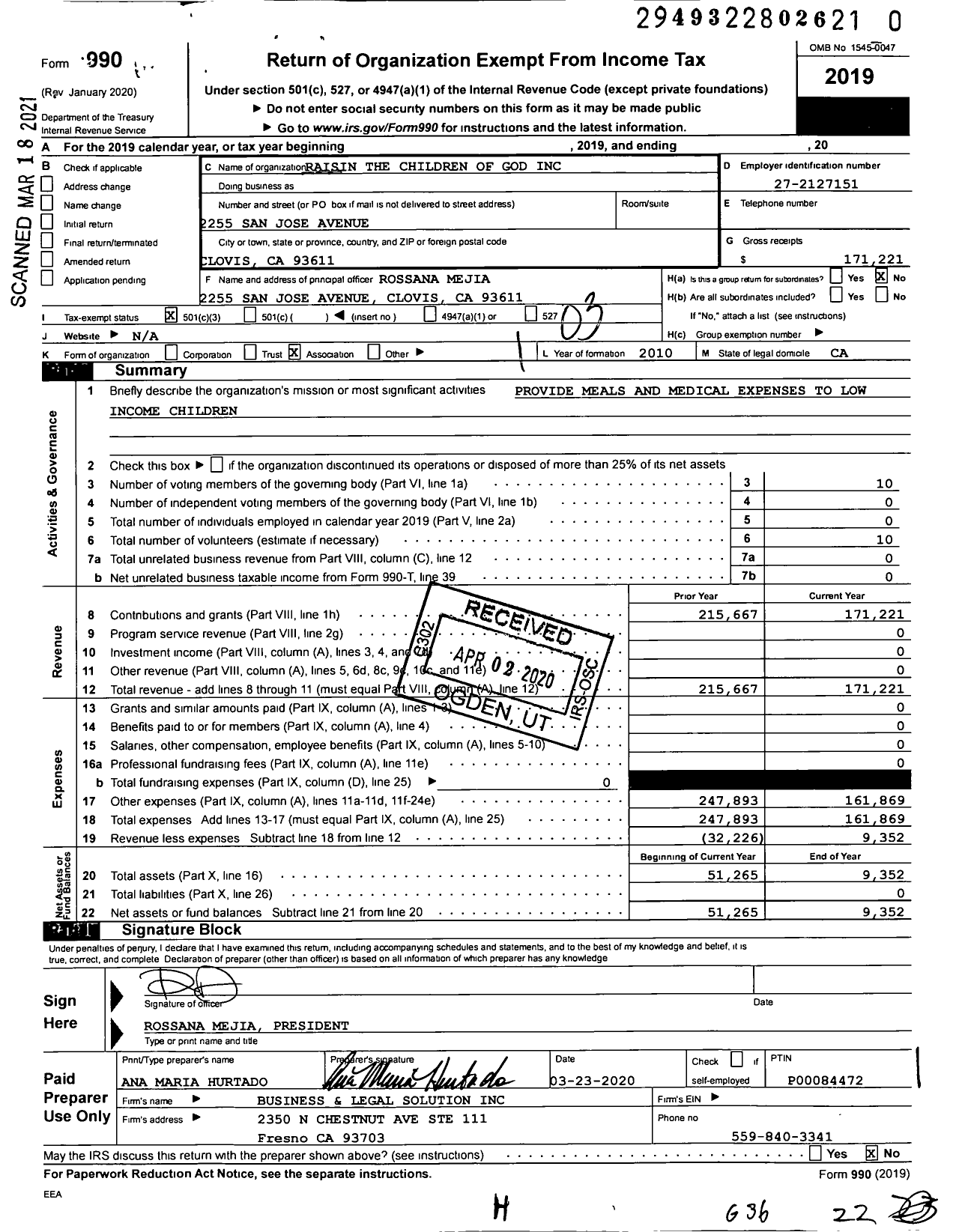 Image of first page of 2019 Form 990 for Raising the Children of God