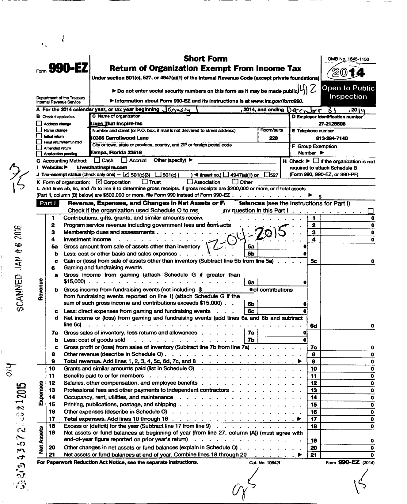 Image of first page of 2014 Form 990EZ for Lives That Inspire -inc