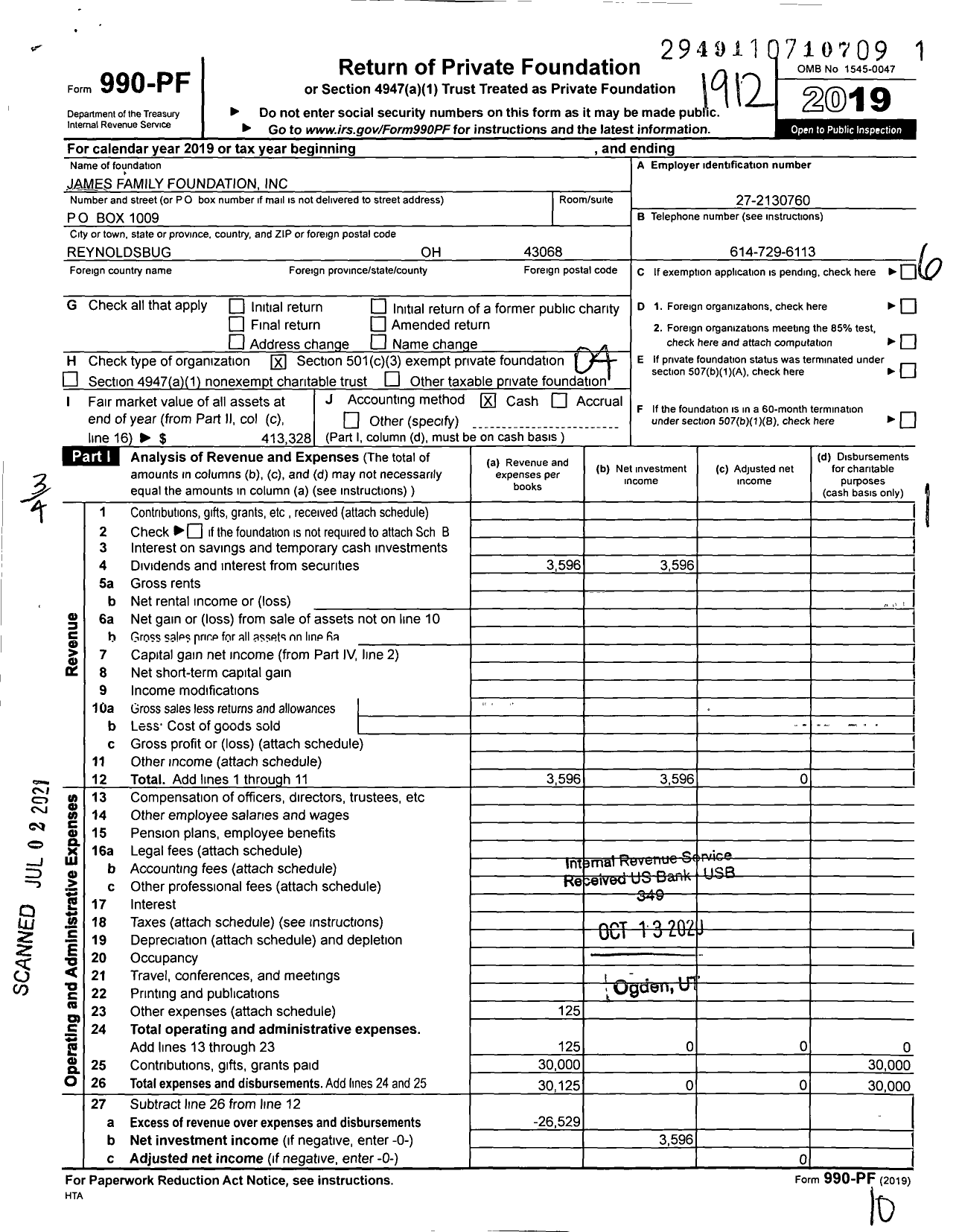 Image of first page of 2019 Form 990PF for James Family Foundation