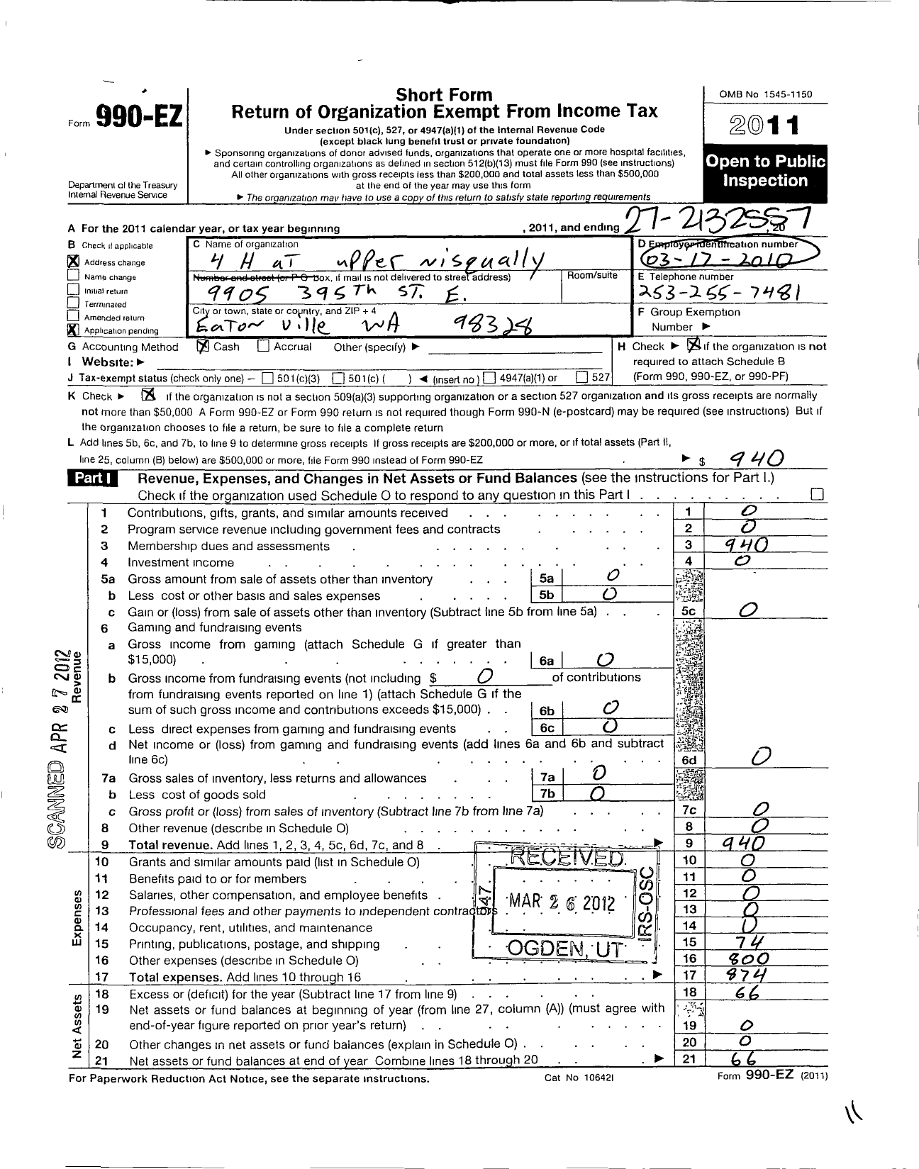 Image of first page of 2011 Form 990EO for Washington State University / 4-H of the Upper Nisqually