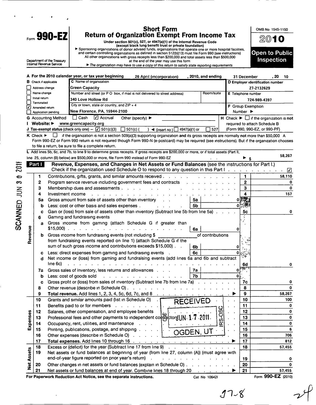 Image of first page of 2010 Form 990EZ for Green Capacity