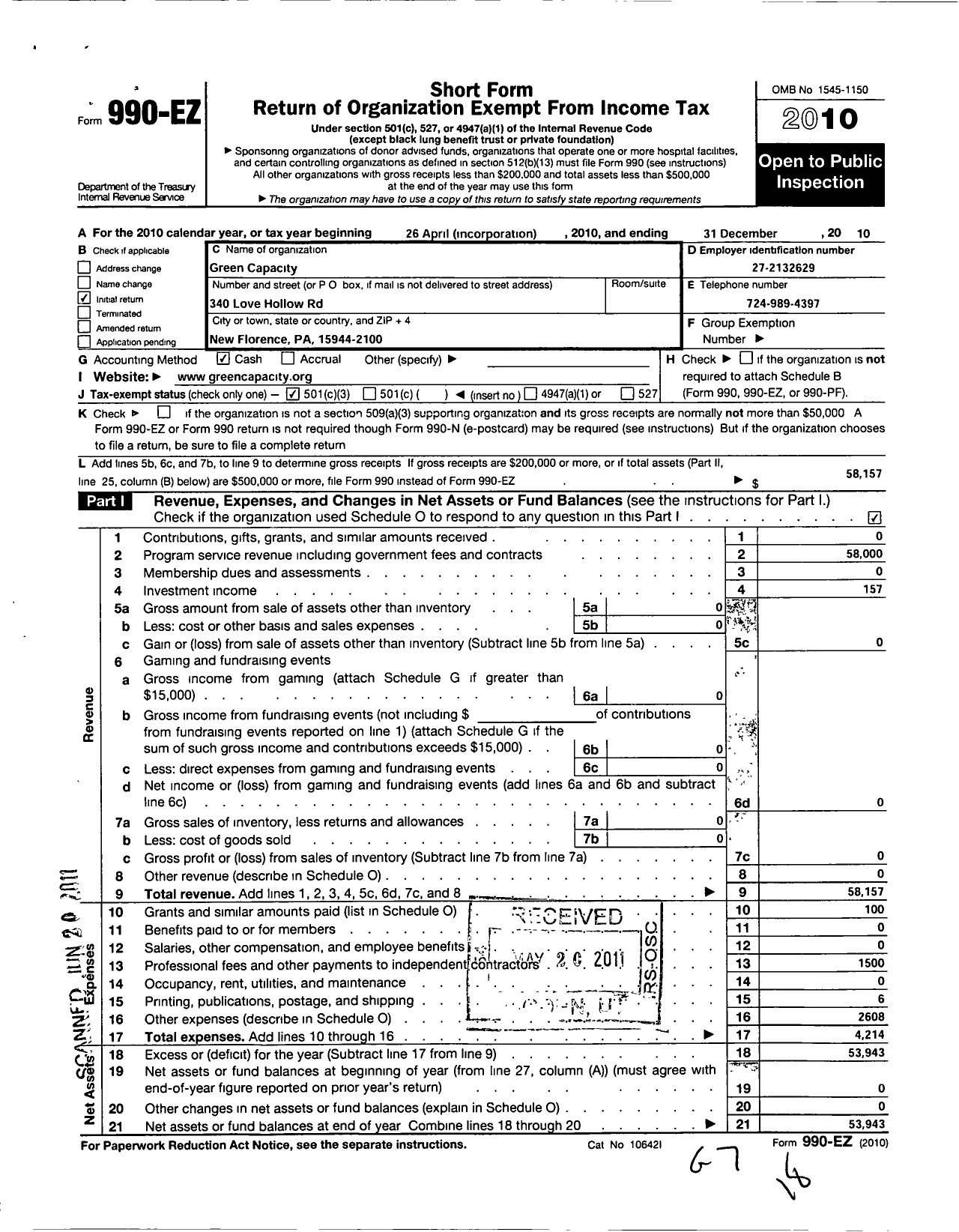 Image of first page of 2010 Form 990EZ for Green Capacity