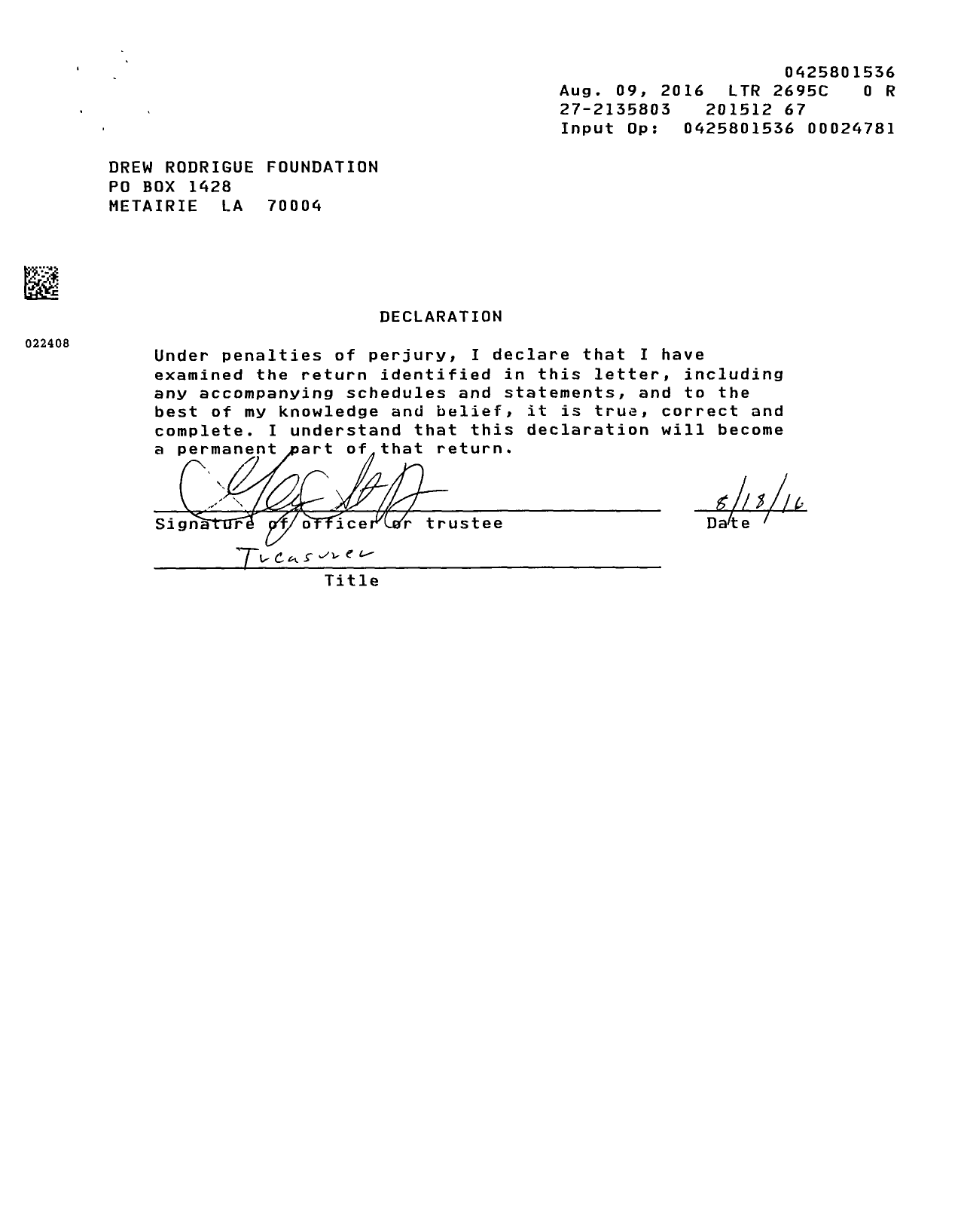 Image of first page of 2015 Form 990ER for Drew Rodrigue Foundation