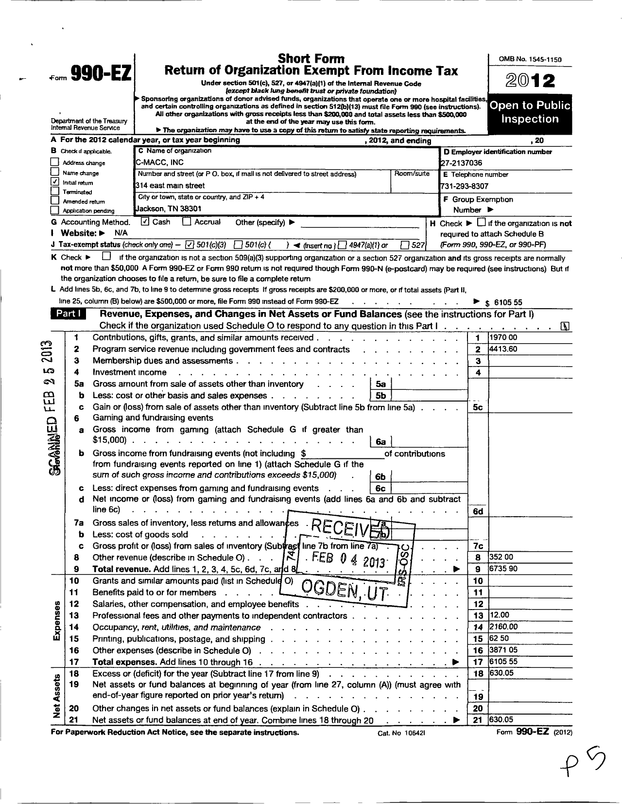 Image of first page of 2012 Form 990EZ for Christian Multi Cultural Arts Center and Council