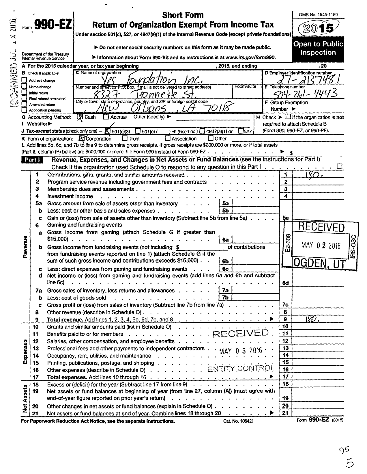 Image of first page of 2015 Form 990EZ for Yes Foundation