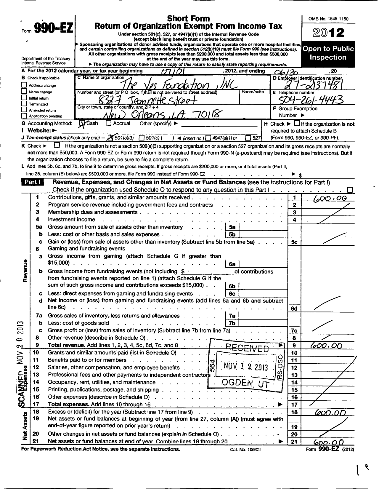 Image of first page of 2011 Form 990EZ for Yes Foundation