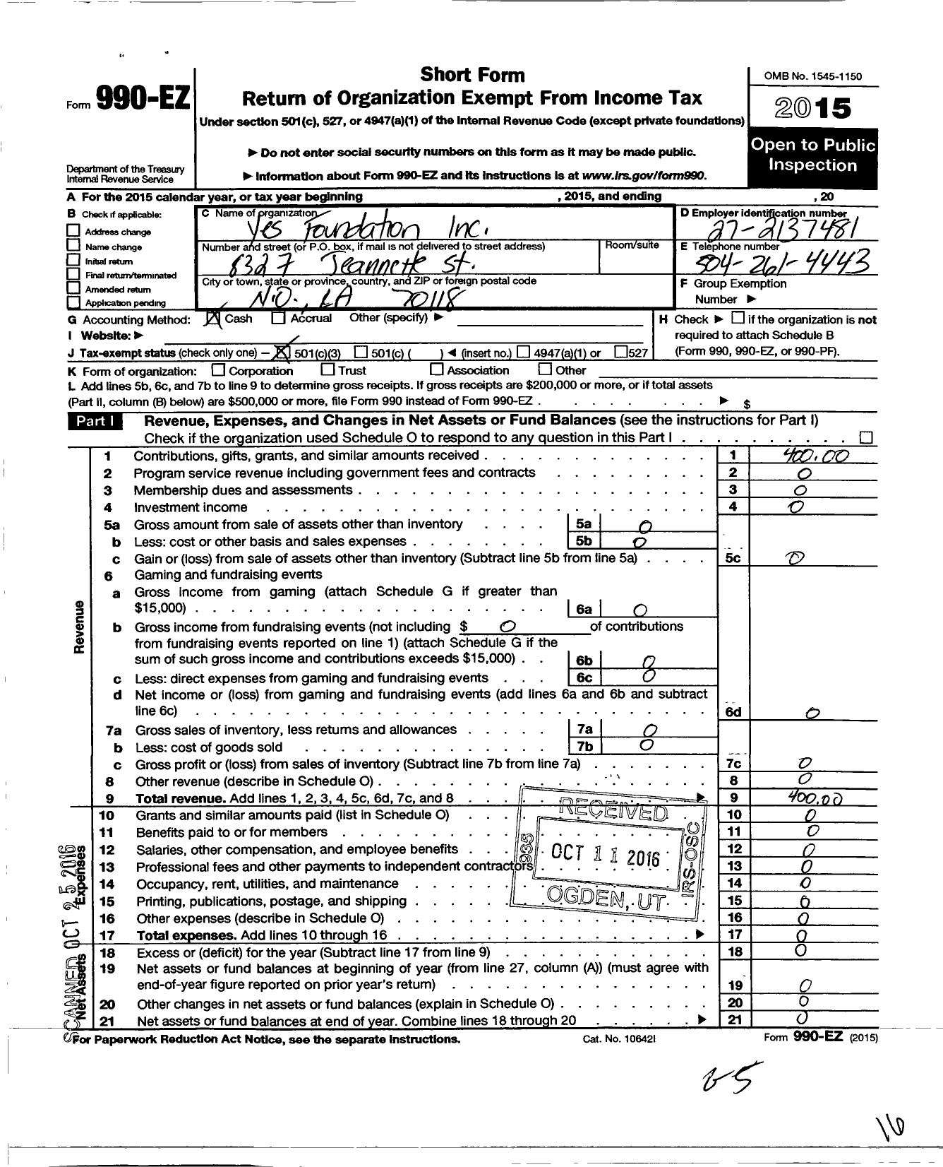 Image of first page of 2015 Form 990EZ for Yes Foundation