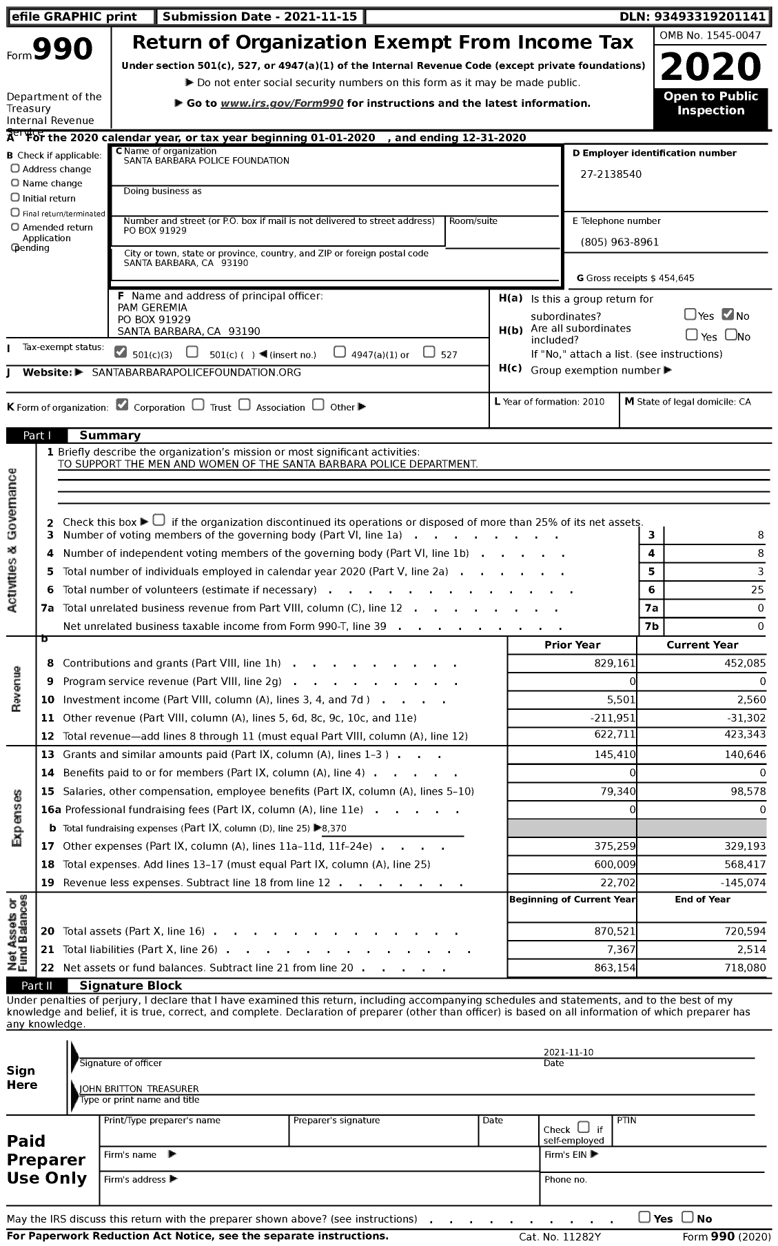 Image of first page of 2020 Form 990 for Santa Barbara Police Foundation