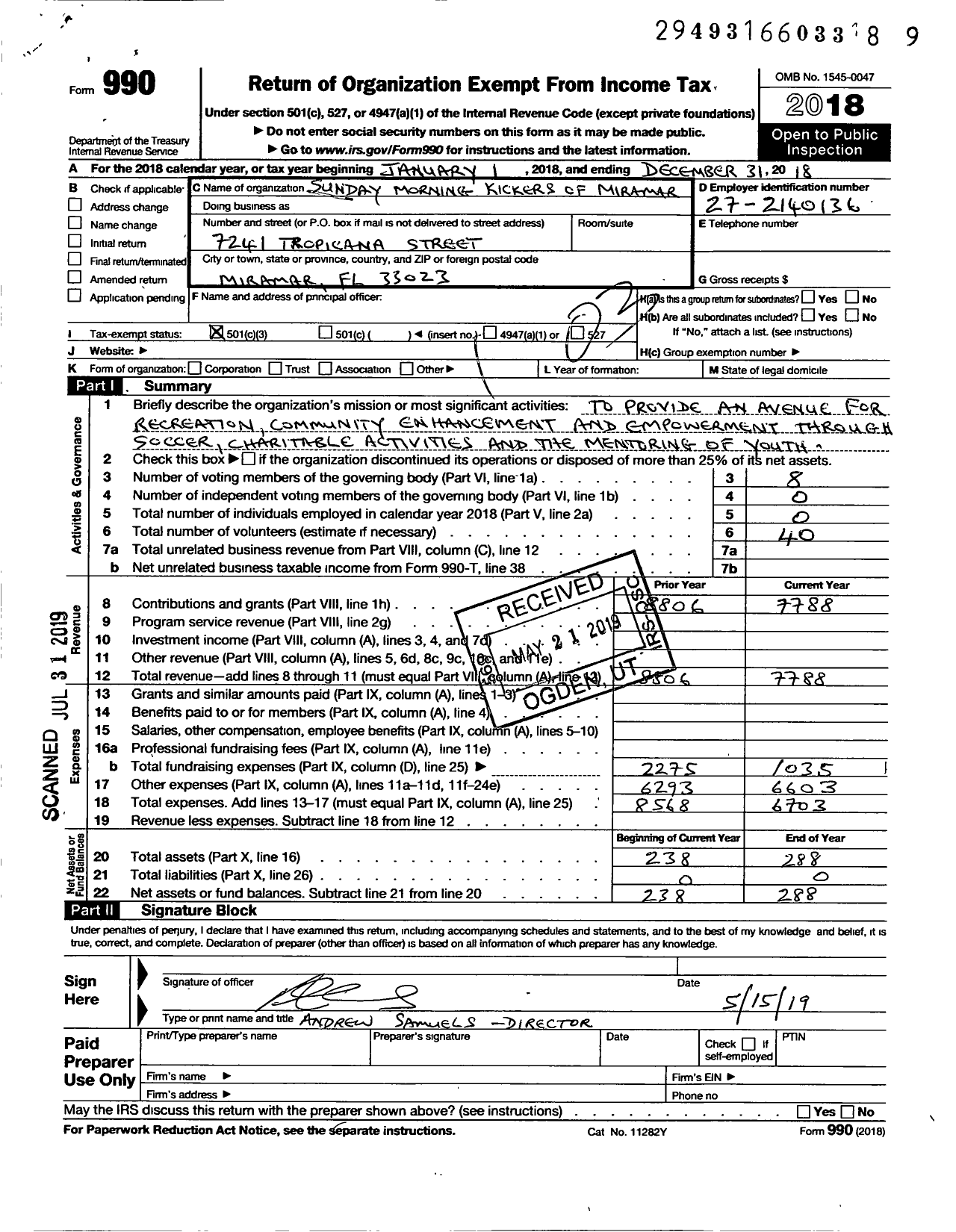 Image of first page of 2018 Form 990 for Sunday Morning Kickers of Miramar Incorporated