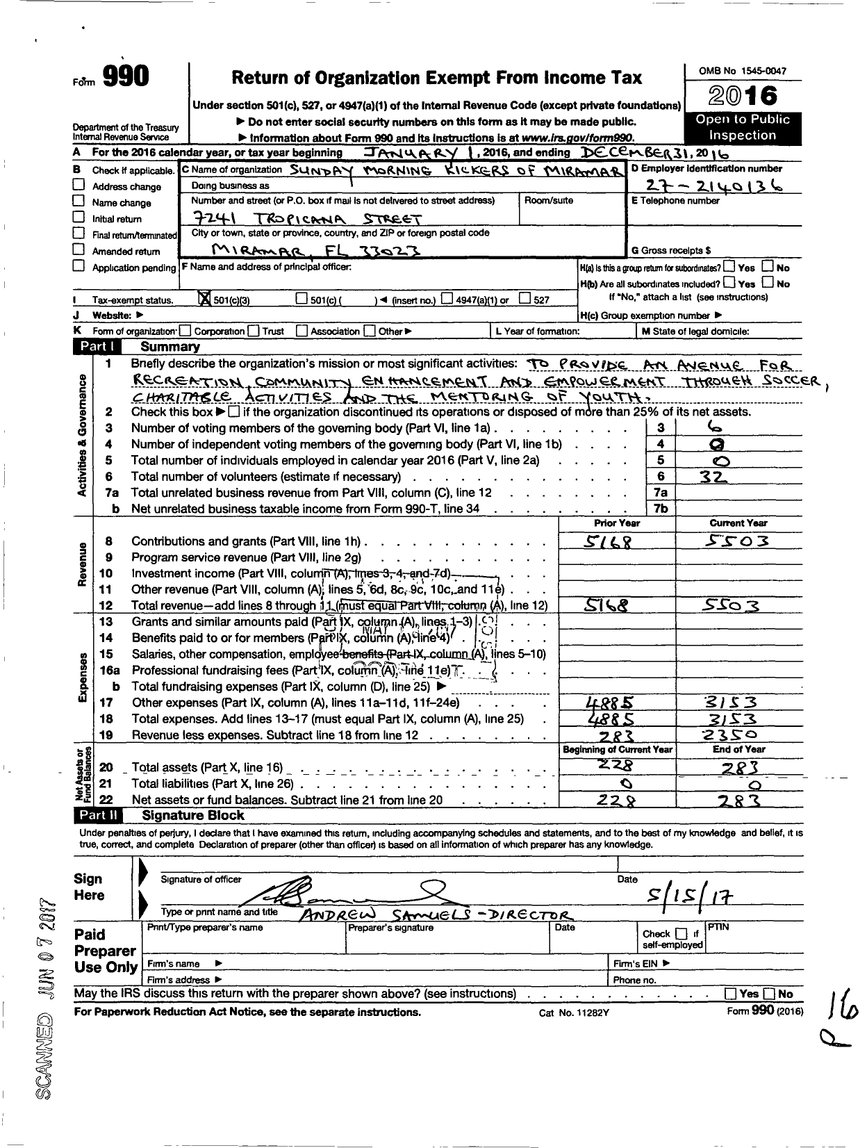 Image of first page of 2016 Form 990 for Sunday Morning Kickers of Miramar Incorporated