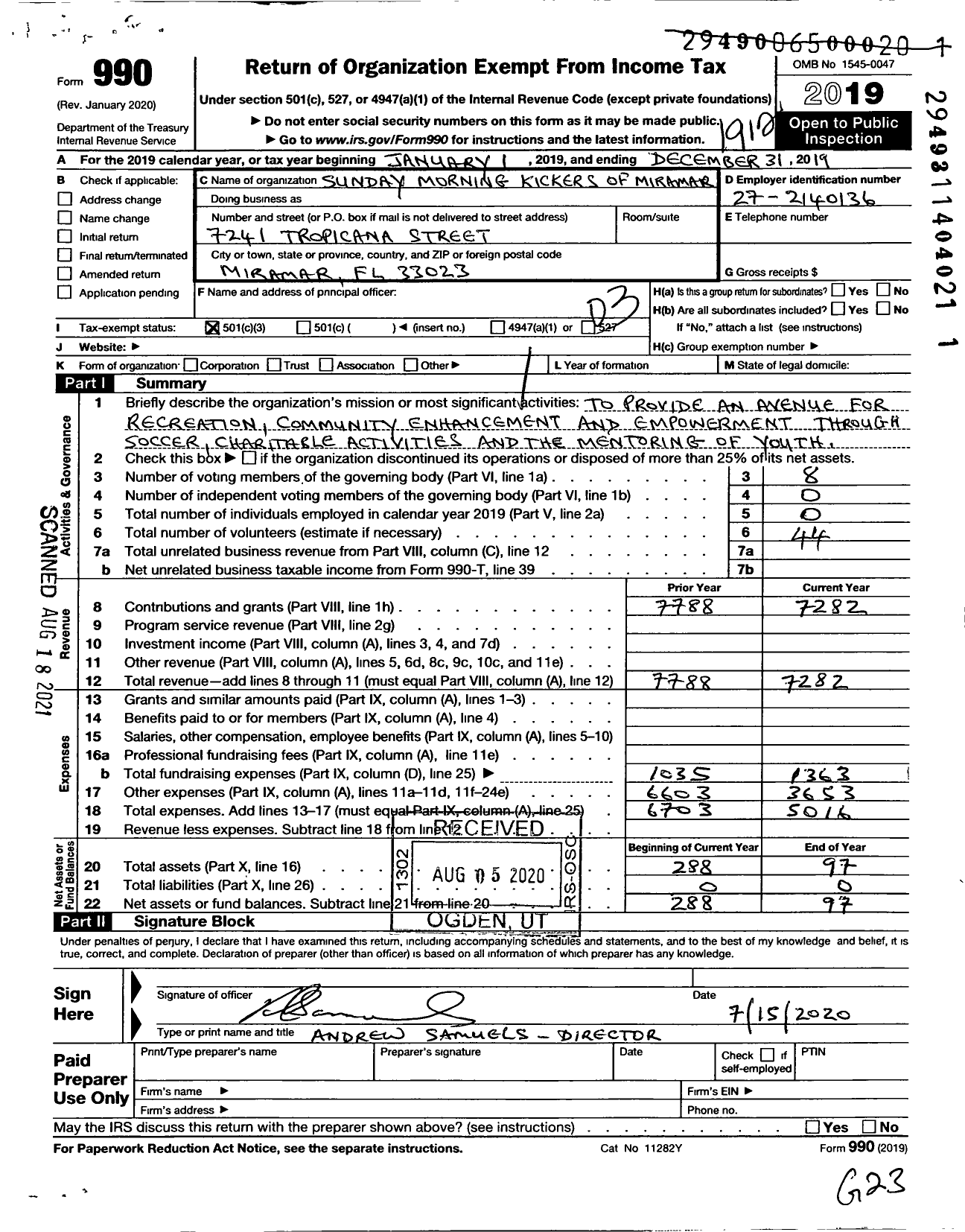 Image of first page of 2019 Form 990 for Sunday Morning Kickers of Miramar Incorporated