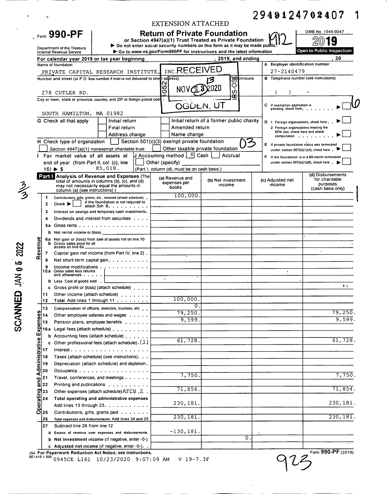 Image of first page of 2019 Form 990PF for Private Capital Research Institute