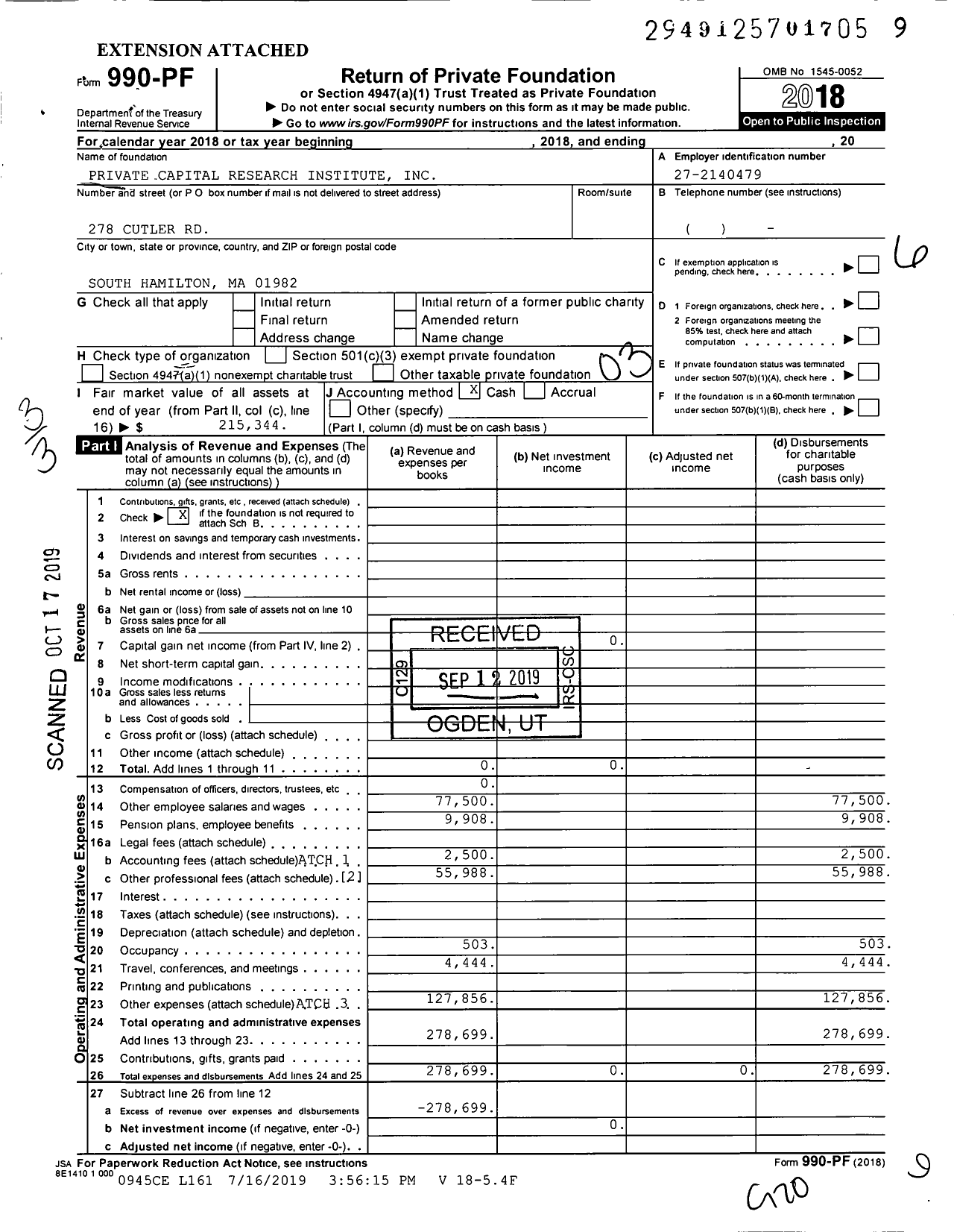 Image of first page of 2018 Form 990PF for Private Capital Research Institute