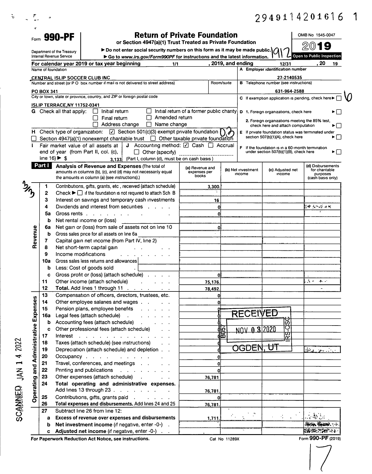 Image of first page of 2019 Form 990PF for Central Islip Soccer Club