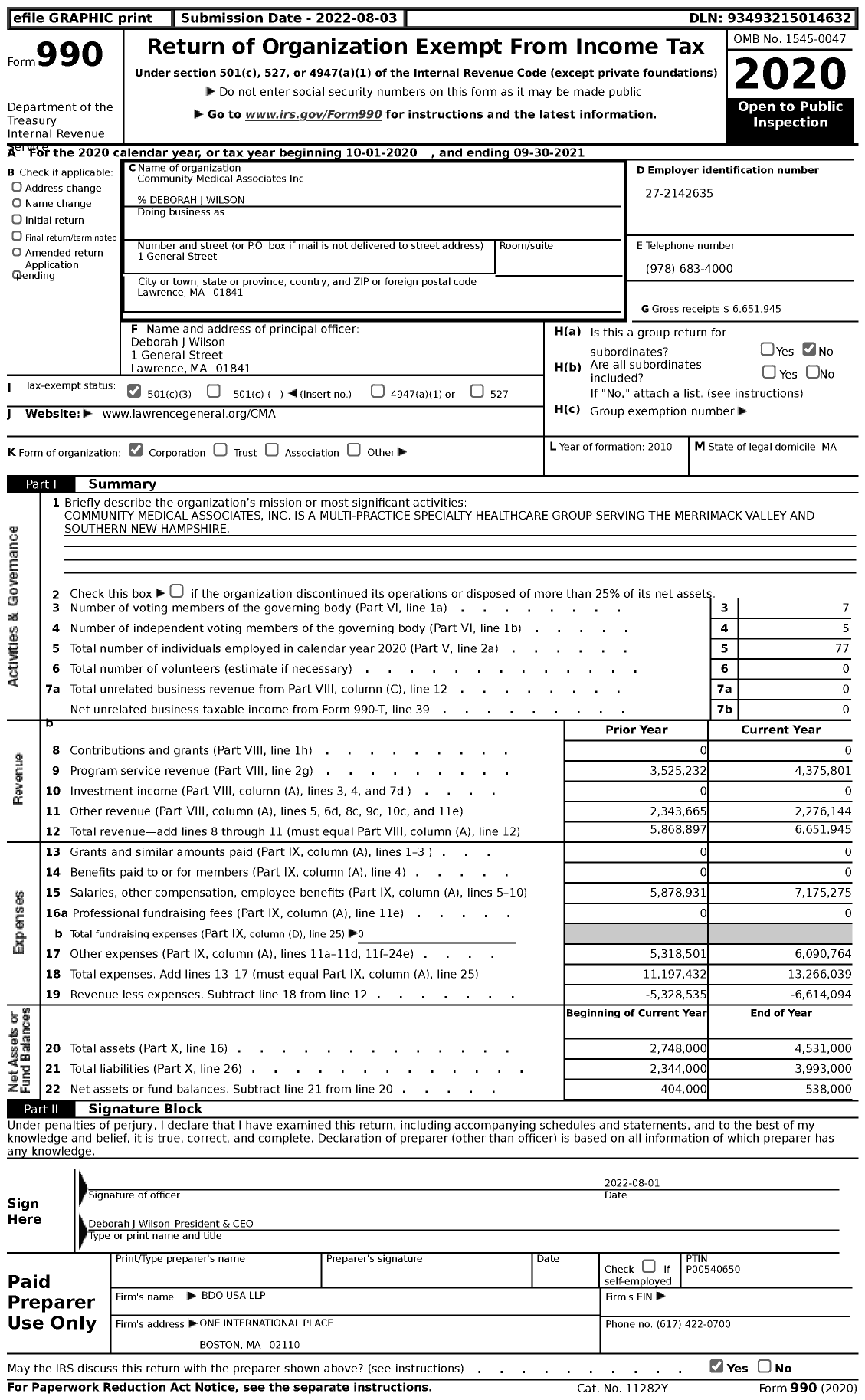 Image of first page of 2020 Form 990 for Community Medical Associates