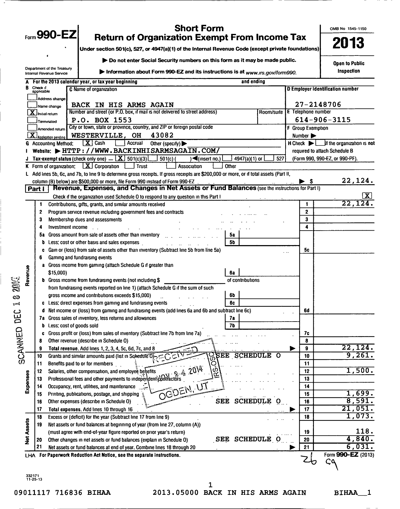 Image of first page of 2013 Form 990EZ for Back in His Arms Again