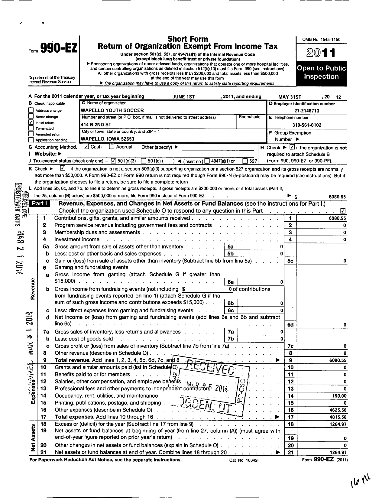 Image of first page of 2011 Form 990EZ for Wapello Youth Soccer