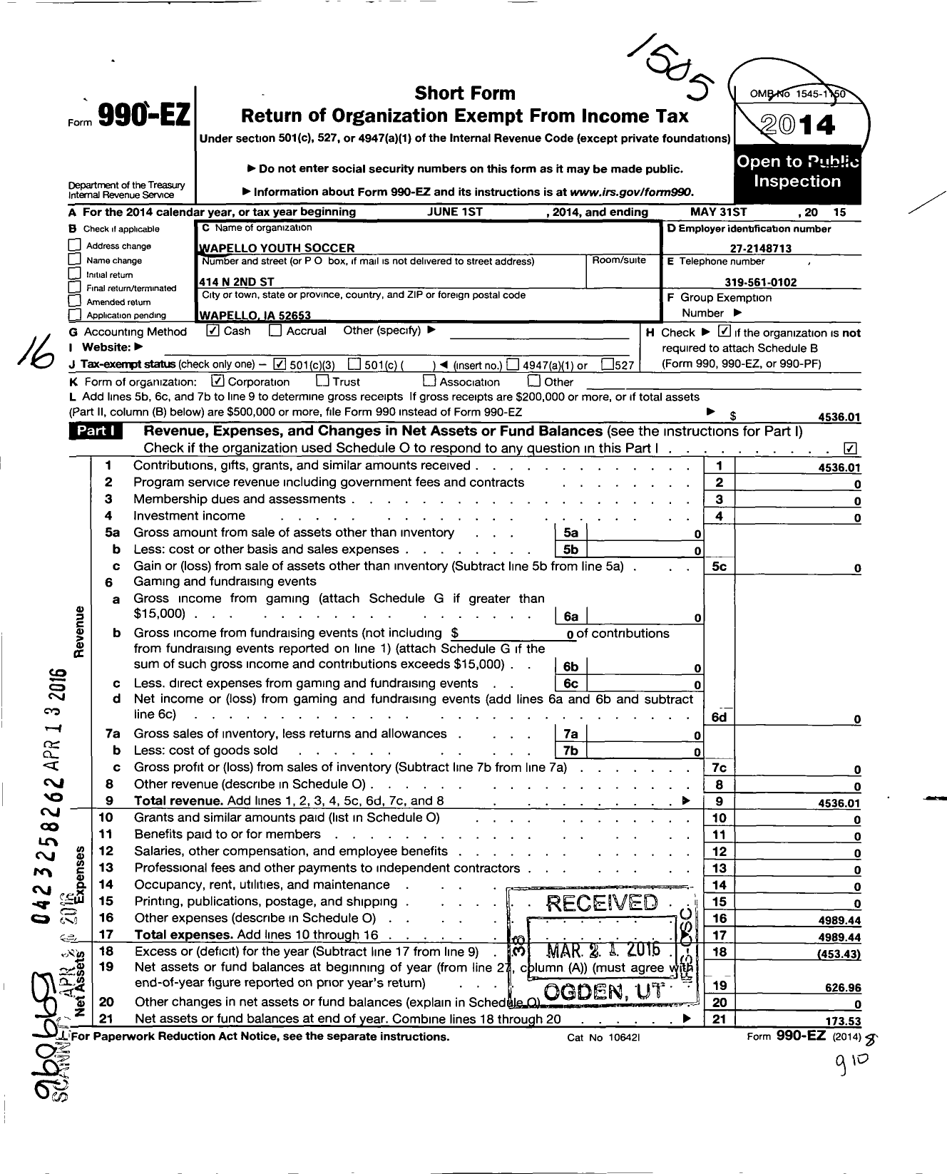 Image of first page of 2014 Form 990EZ for Wapello Youth Soccer