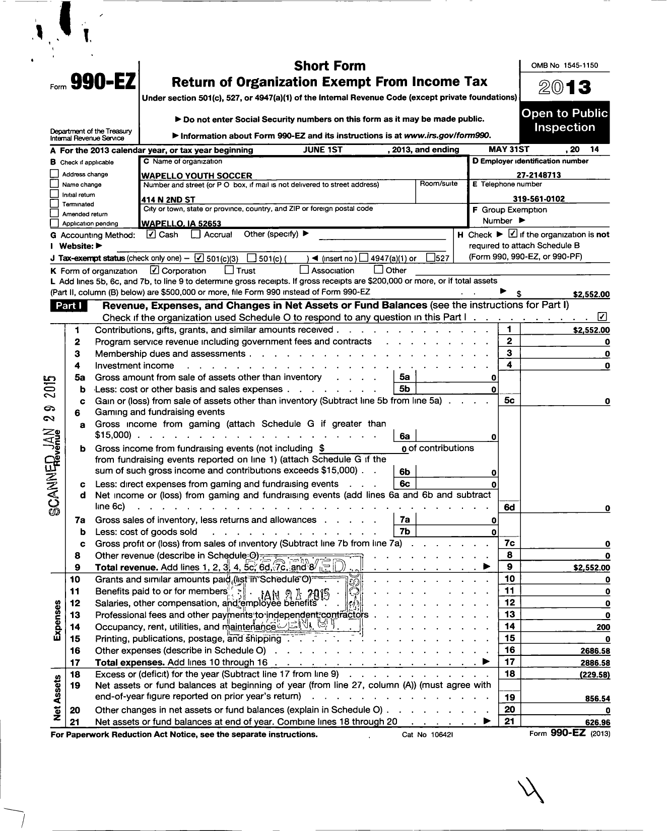 Image of first page of 2013 Form 990EZ for Wapello Youth Soccer