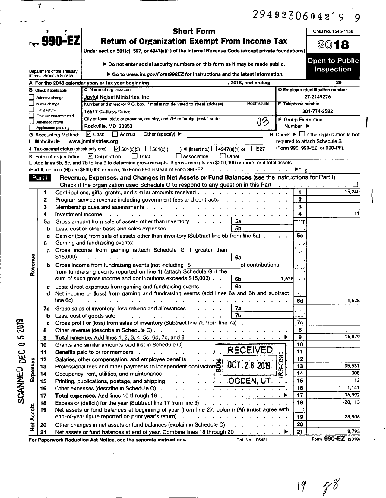 Image of first page of 2018 Form 990EZ for Joyful Noise Ministries