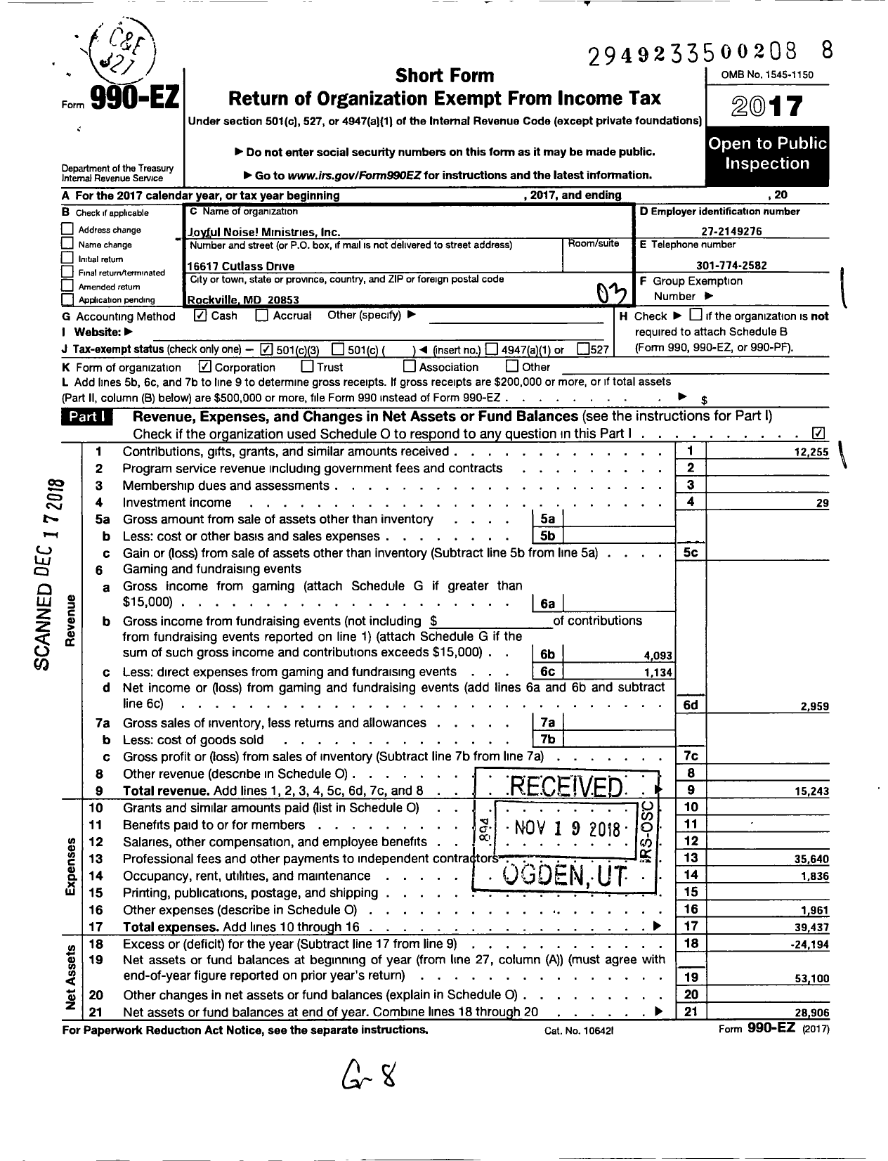 Image of first page of 2017 Form 990EZ for Joyful Noise Ministries