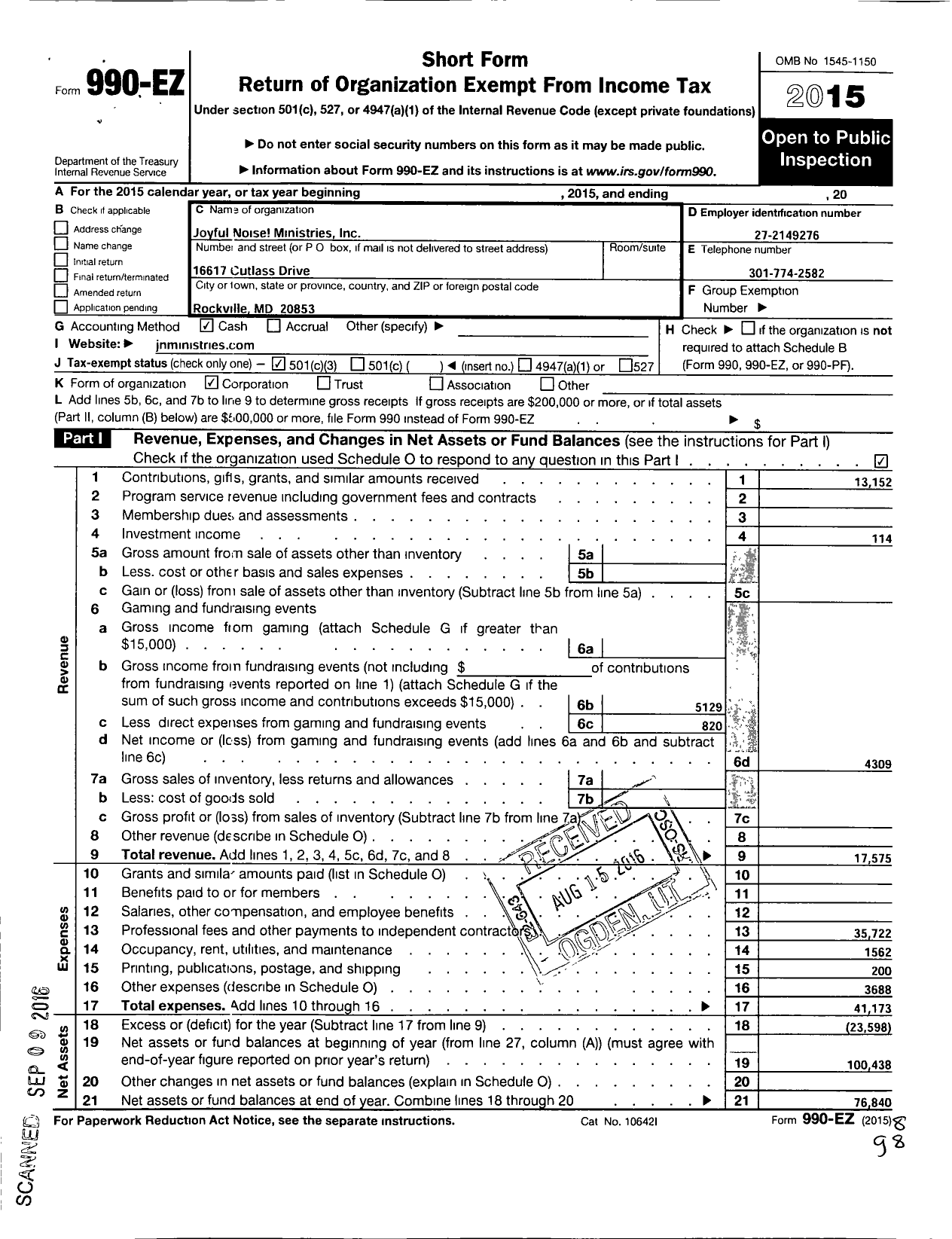 Image of first page of 2015 Form 990EZ for Joyful Noise Ministries