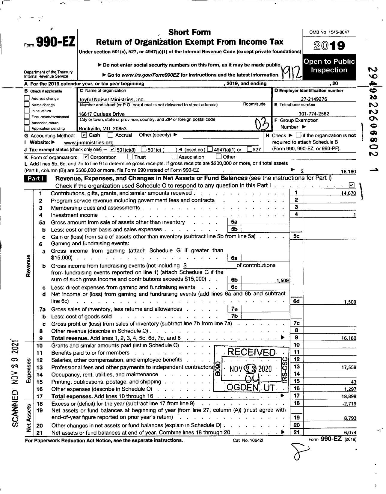 Image of first page of 2019 Form 990EZ for Joyful Noise Ministries