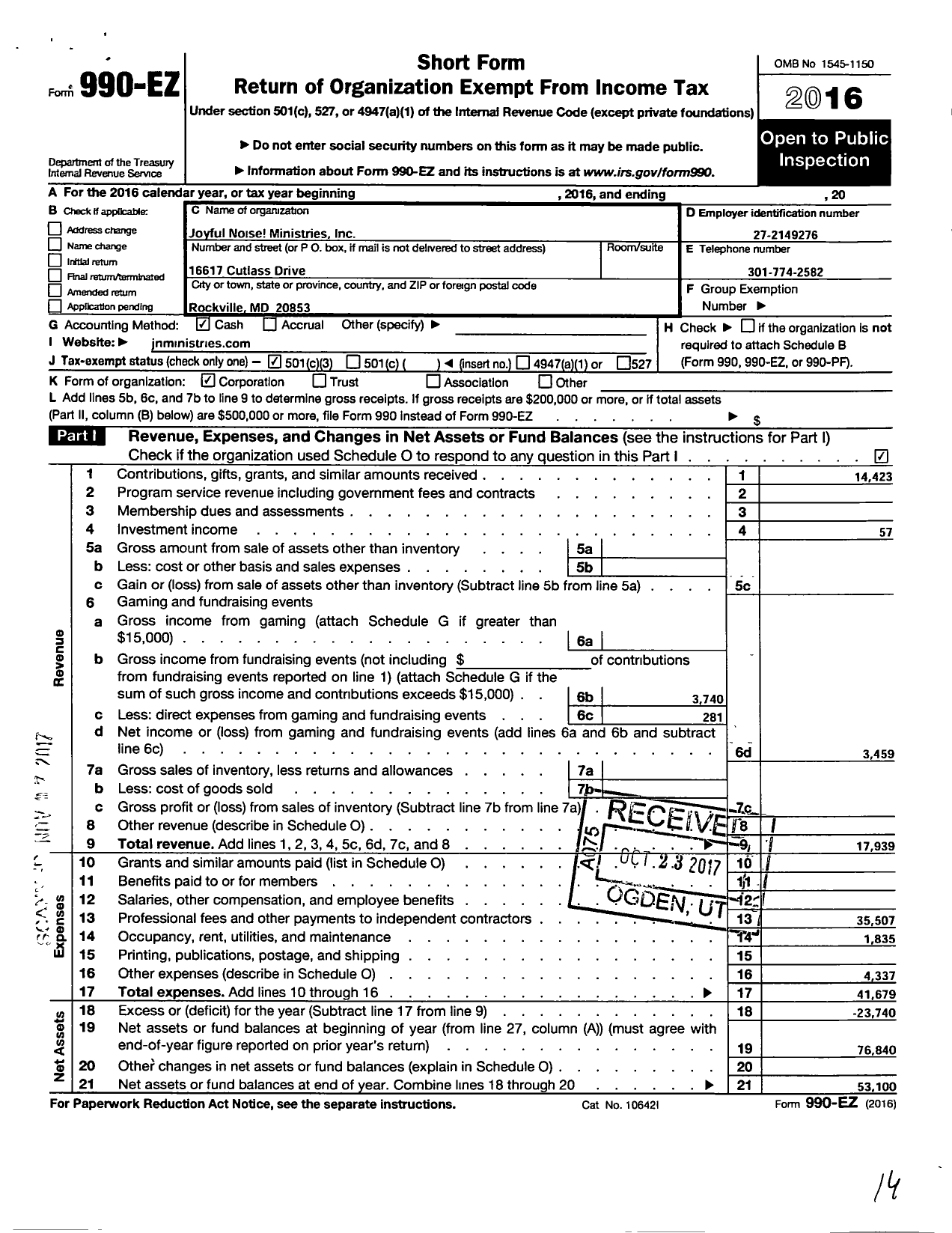 Image of first page of 2016 Form 990EZ for Joyful Noise Ministries