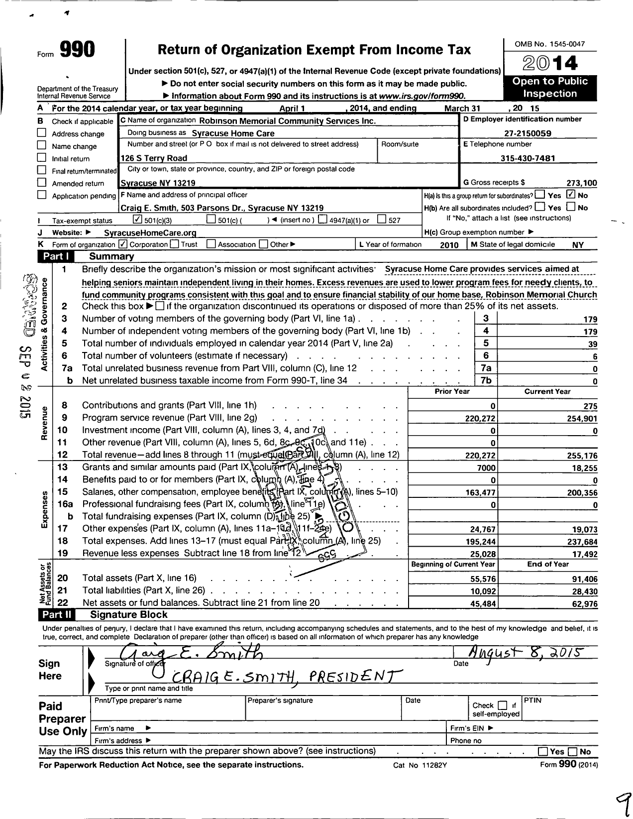 Image of first page of 2014 Form 990 for Robinson Memorial Community Services