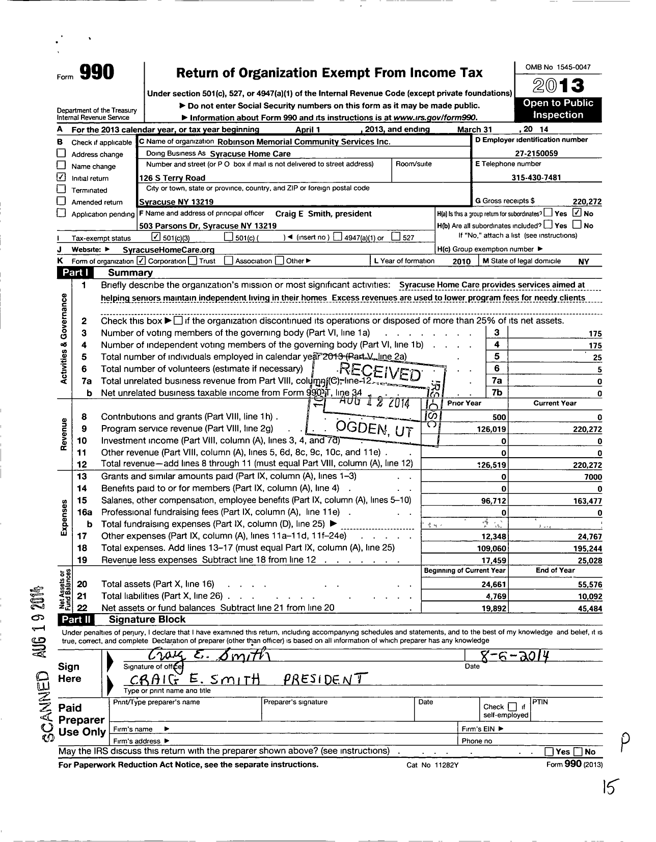 Image of first page of 2013 Form 990 for Robinson Memorial Community Services