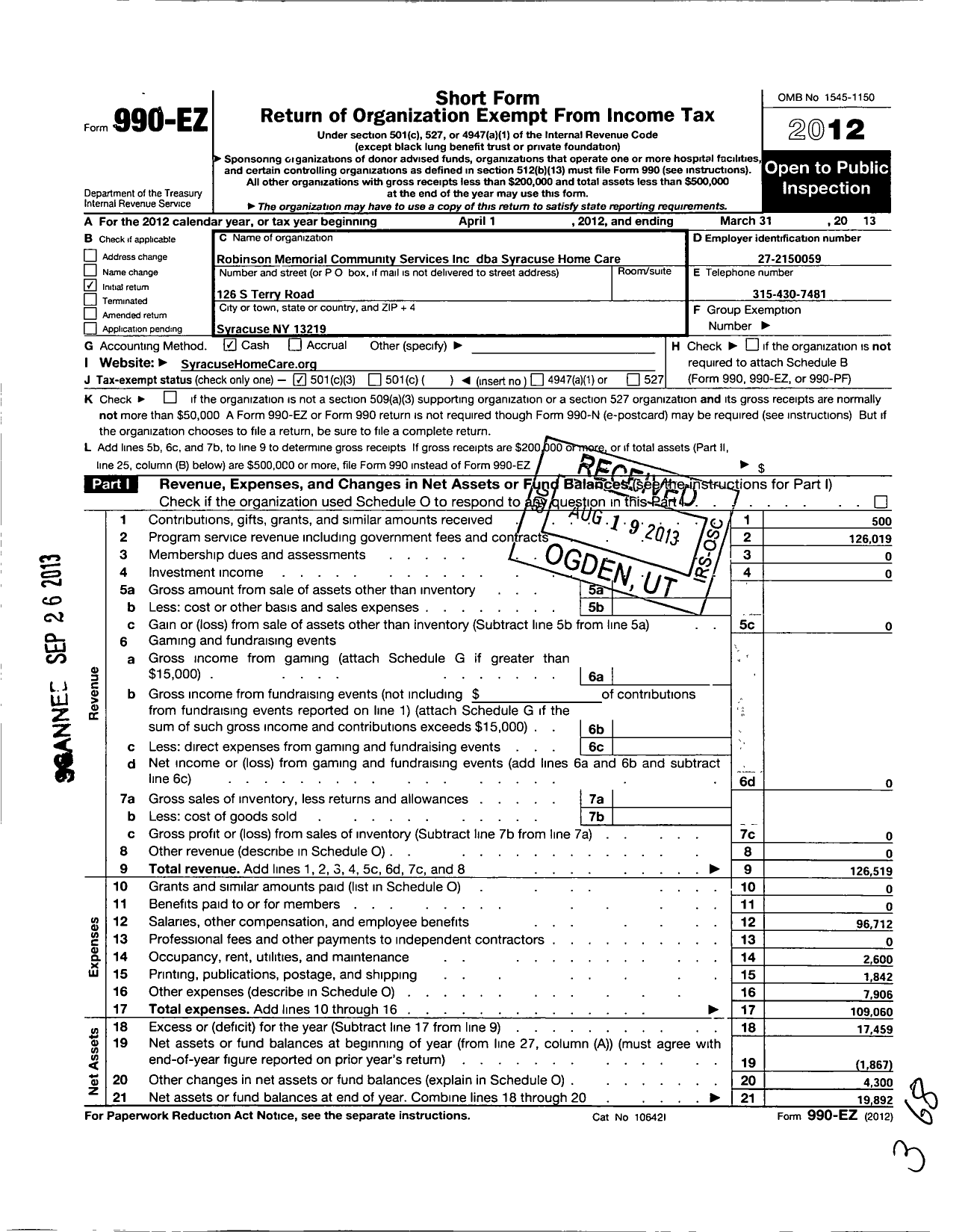 Image of first page of 2012 Form 990EZ for Robinson Memorial Community Services