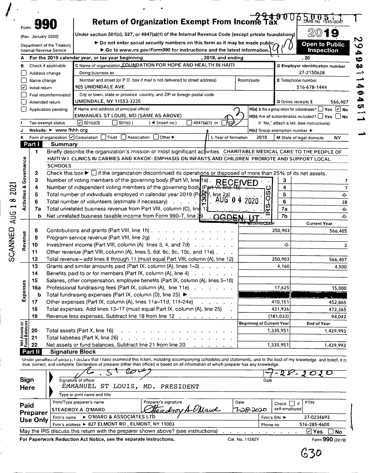 Image of first page of 2019 Form 990 for Foundation for Hope and Health in Haiti