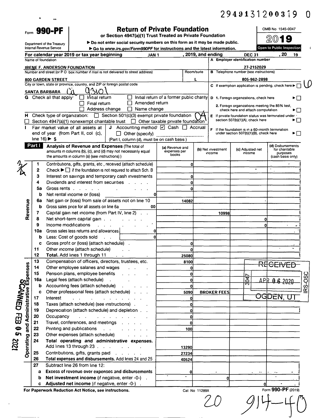 Image of first page of 2019 Form 990PF for Irene F Anderson Foundation
