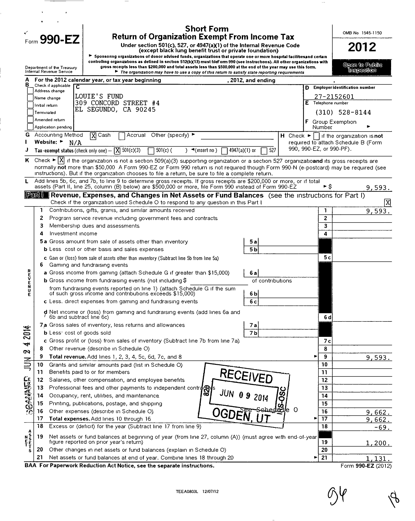 Image of first page of 2012 Form 990EZ for Louies Fund