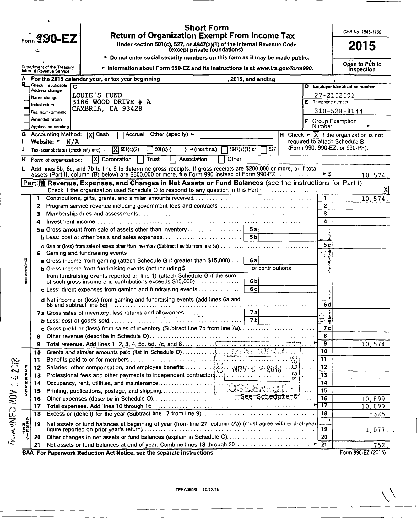 Image of first page of 2015 Form 990EZ for Louies Fund