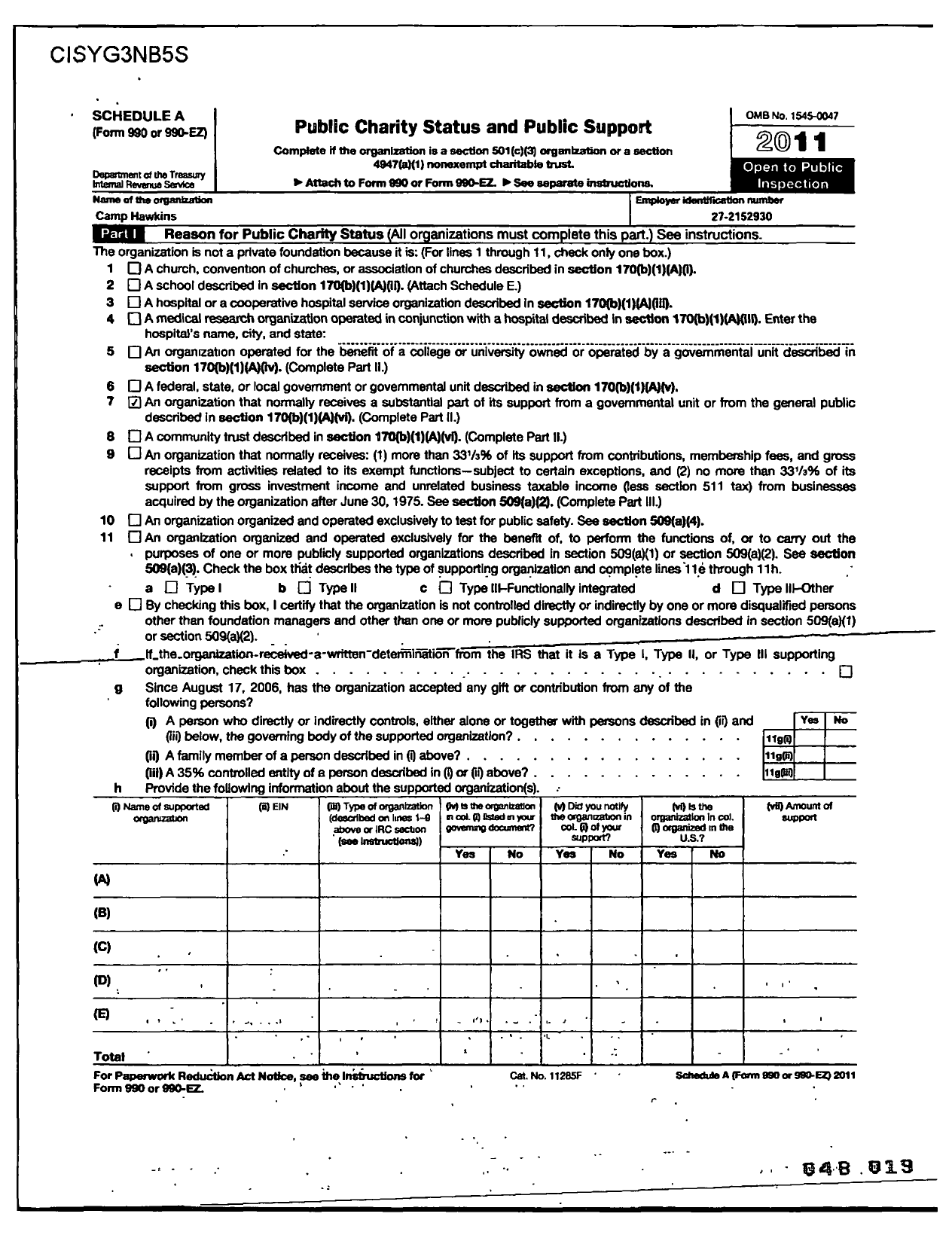 Image of first page of 2011 Form 990ER for Camp Hawkins
