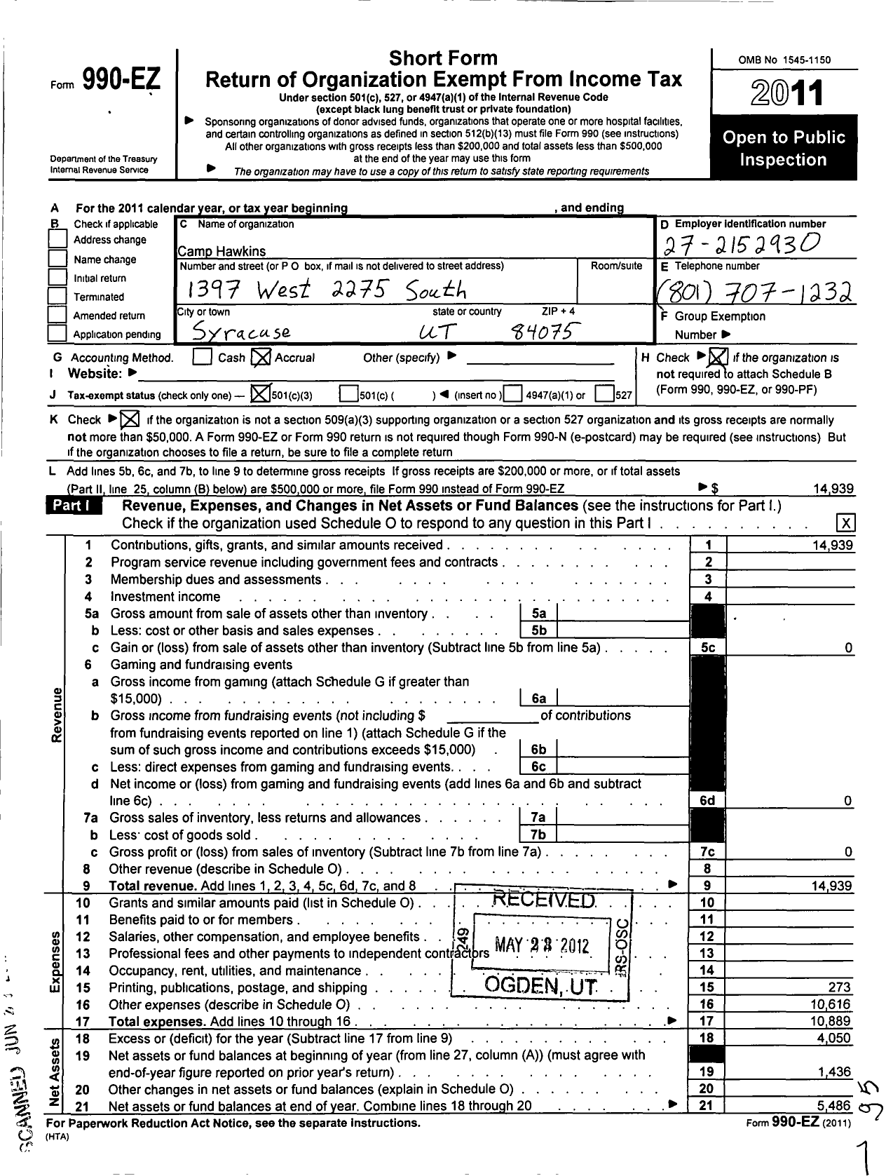 Image of first page of 2011 Form 990EZ for Camp Hawkins
