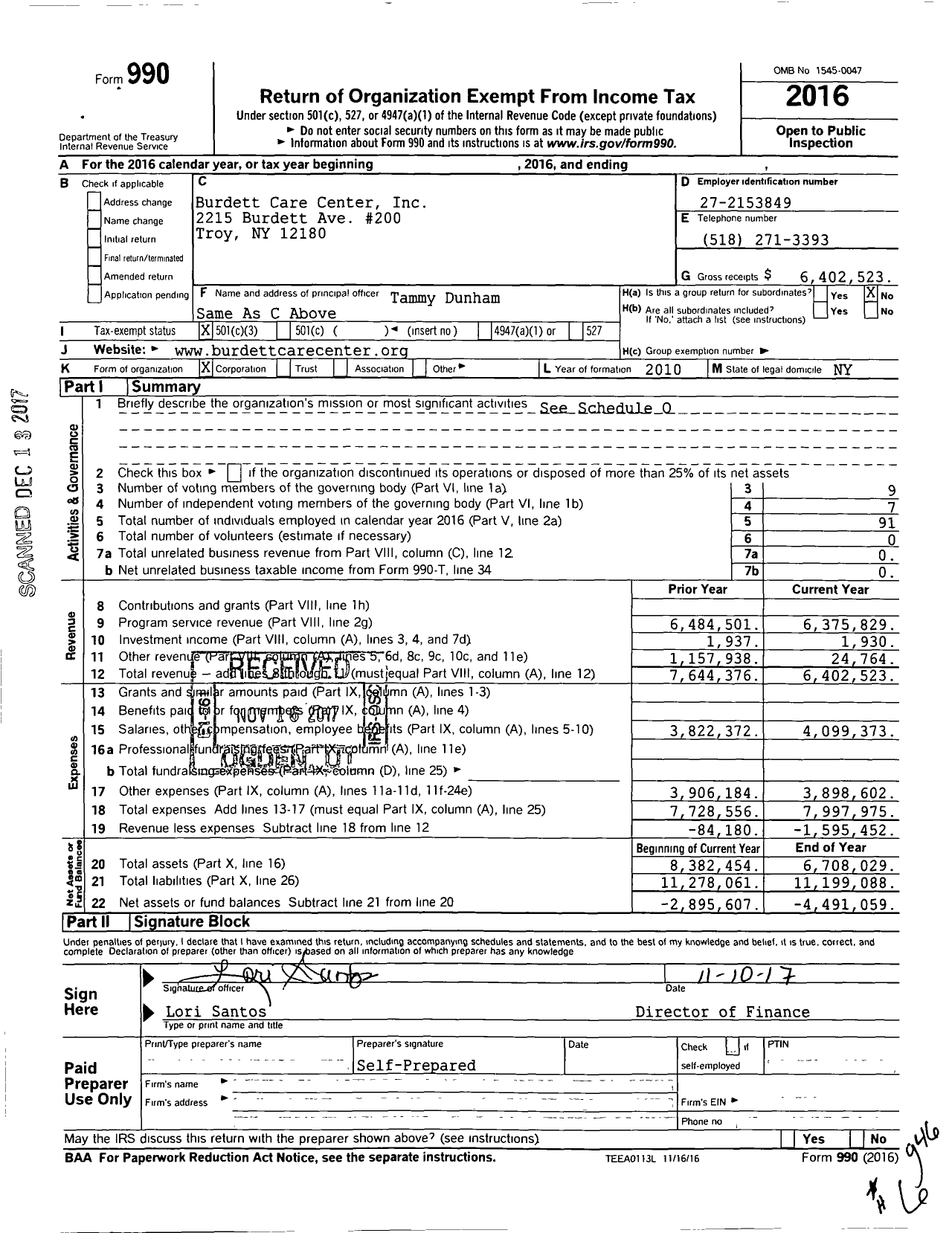 Image of first page of 2016 Form 990 for Burdett Care Center