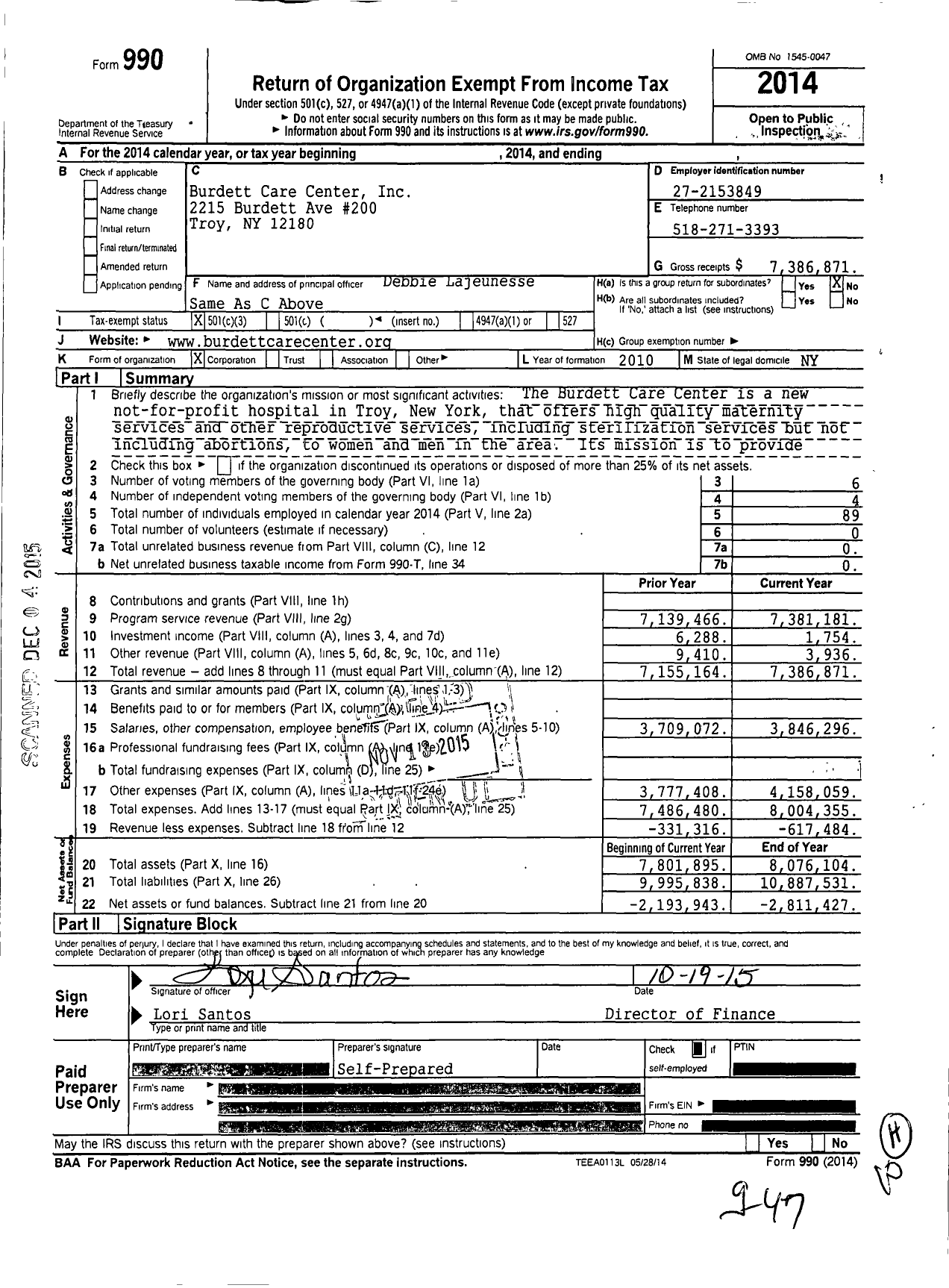 Image of first page of 2014 Form 990 for Burdett Care Center