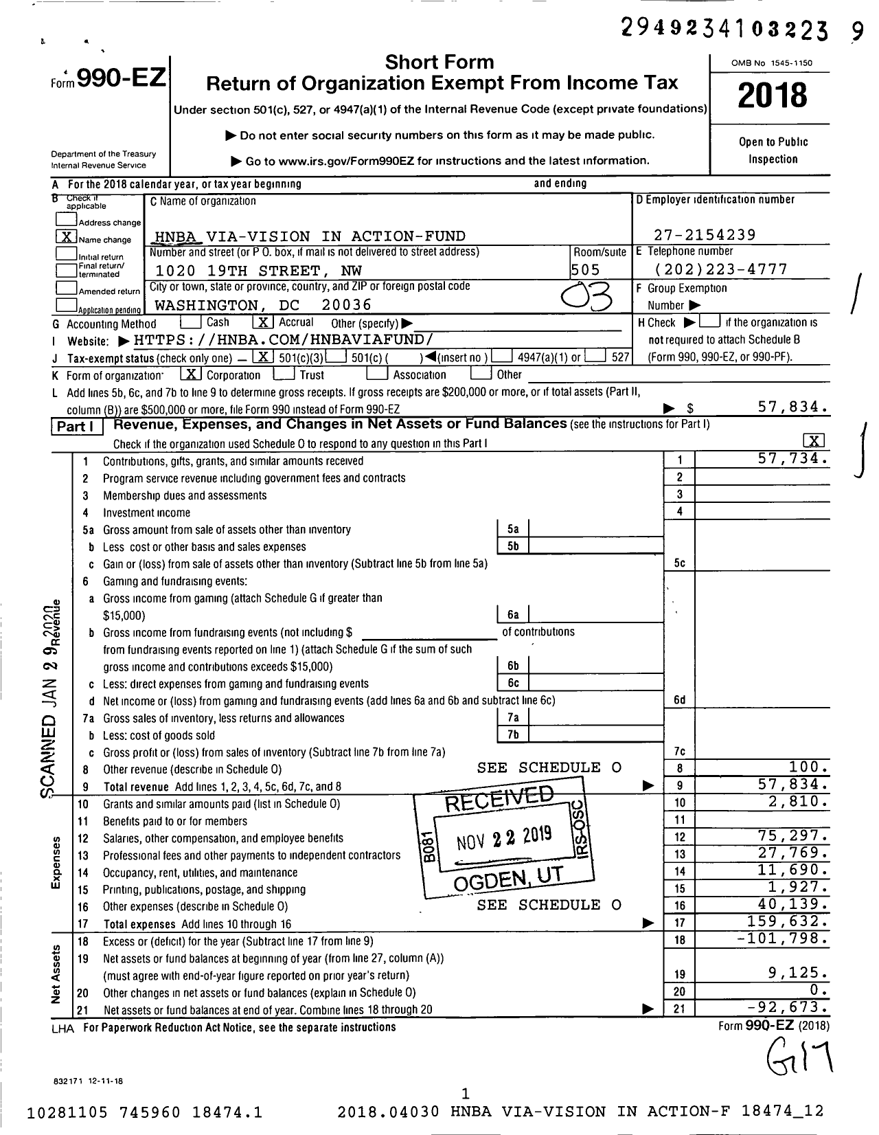 Image of first page of 2018 Form 990EZ for Hnba Via-Vision in Action-Fund