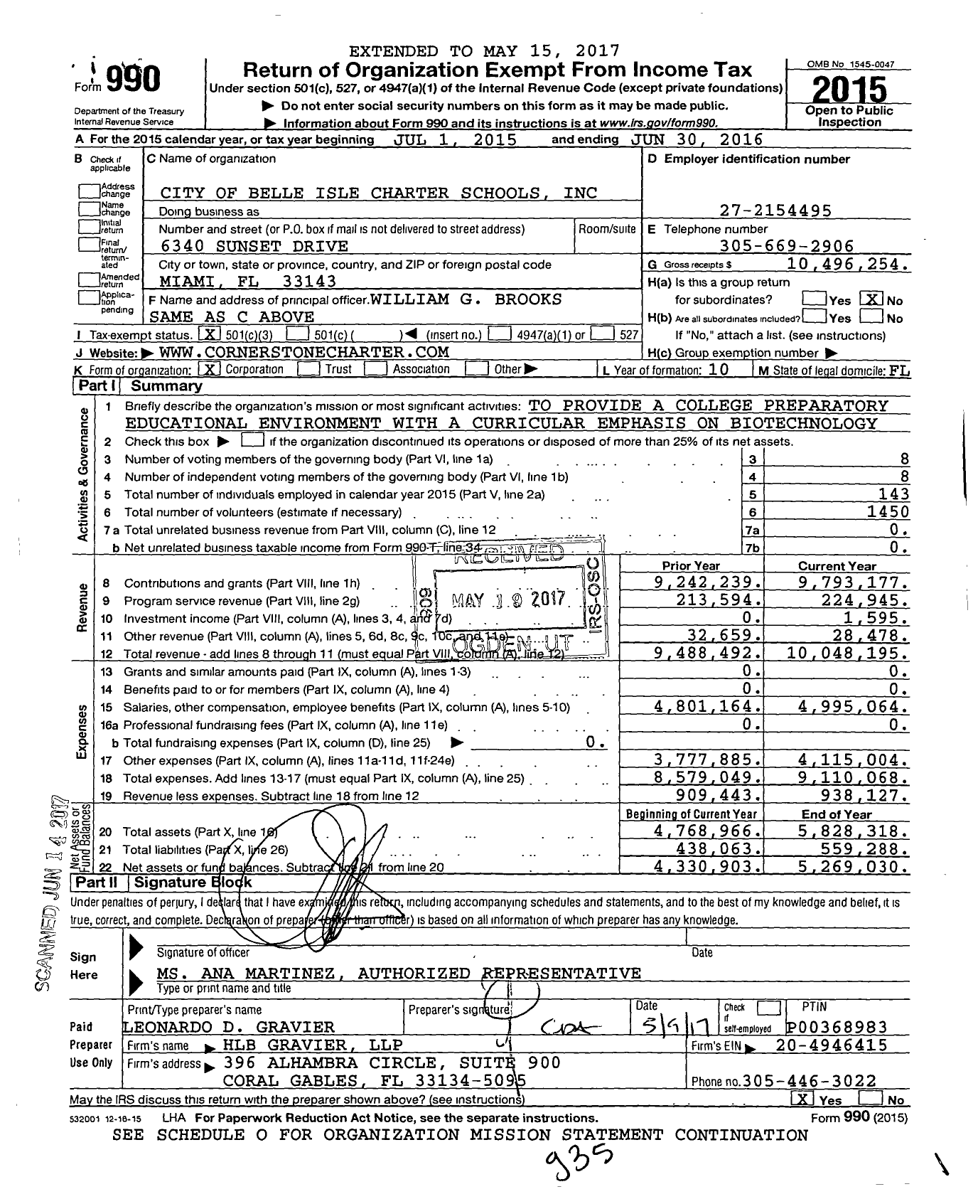 Image of first page of 2015 Form 990 for Cornerstone Charter Academy