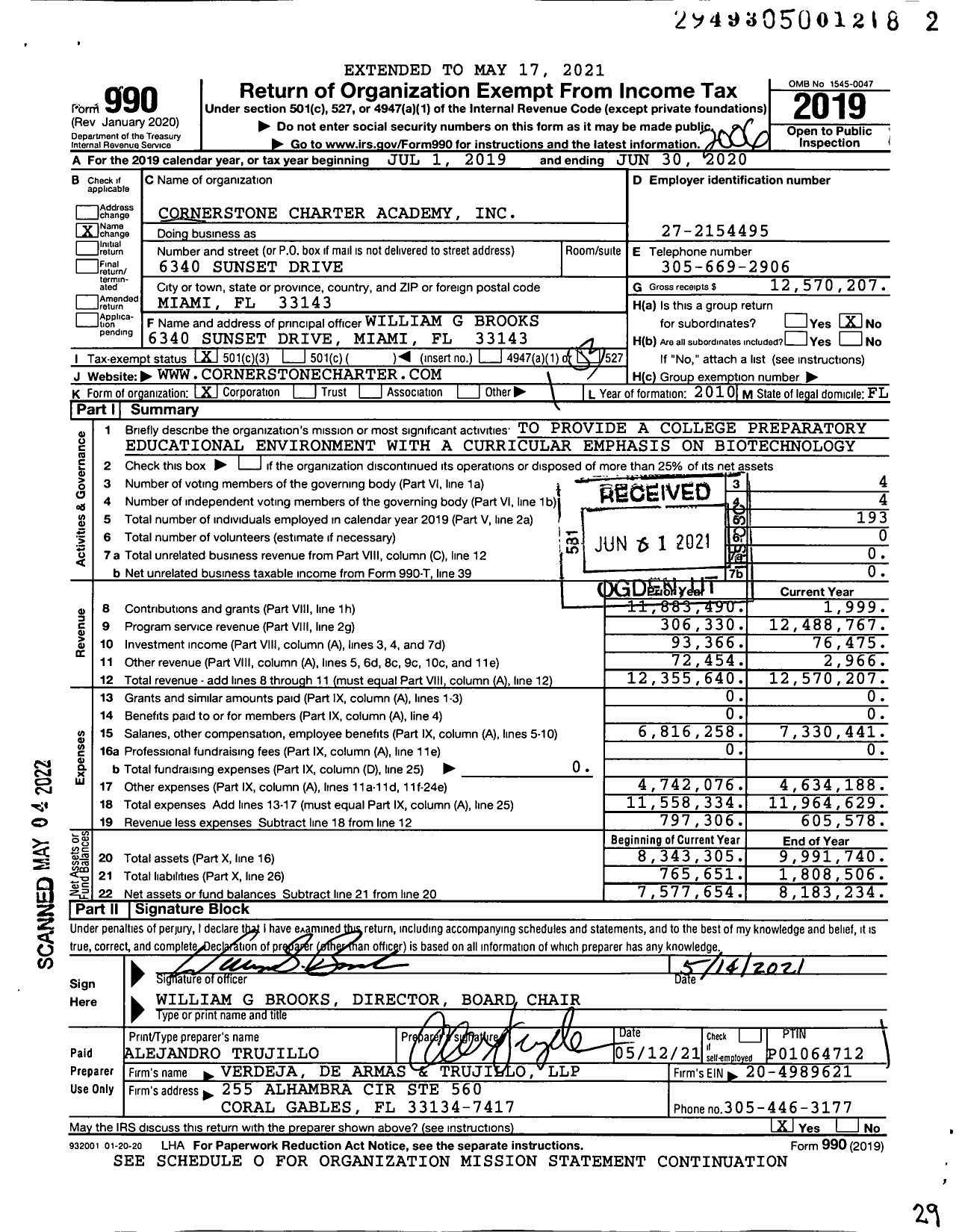 Image of first page of 2019 Form 990 for Cornerstone Charter Academy