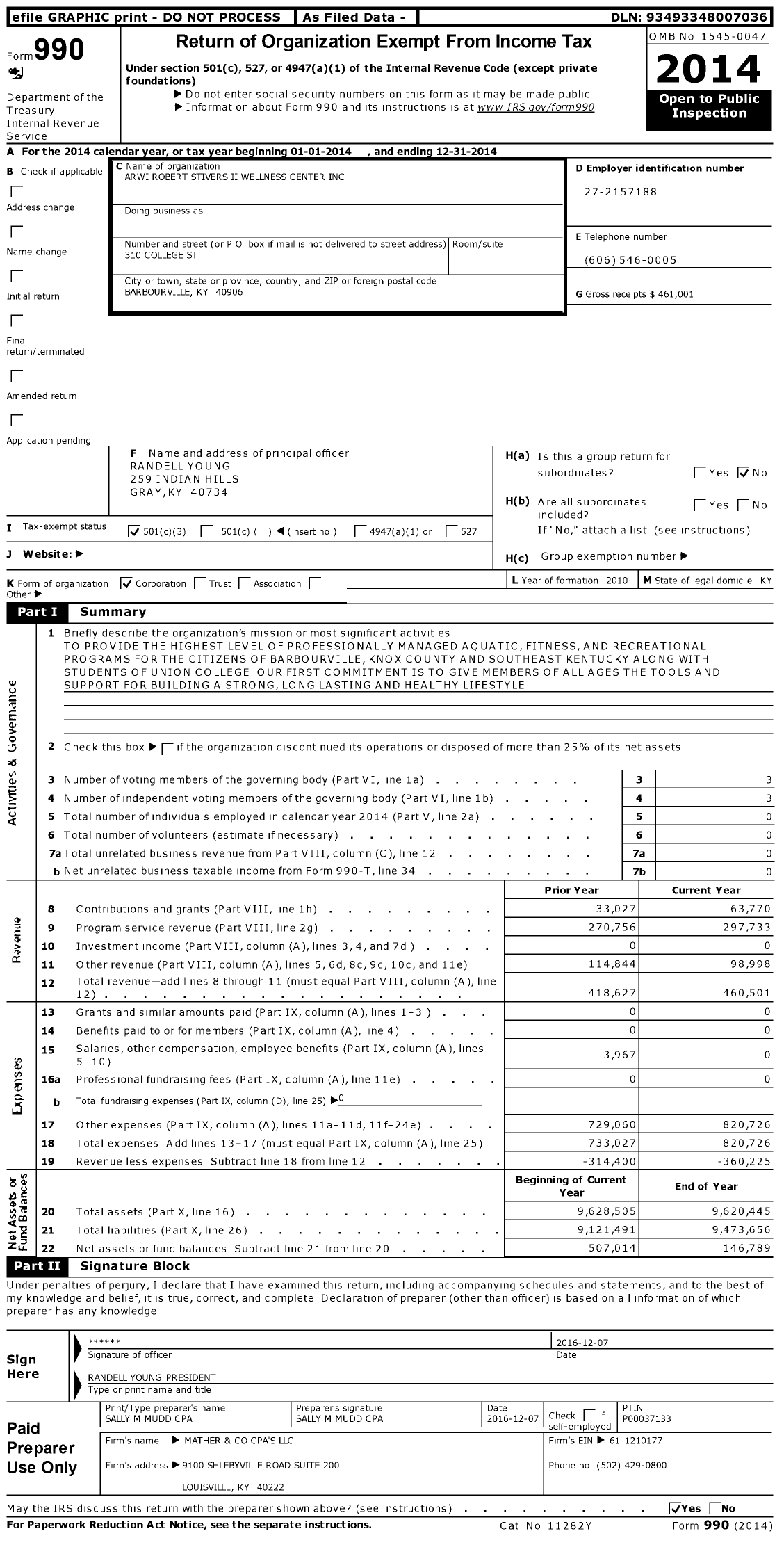 Image of first page of 2014 Form 990 for Arwi Robert Stivers Ii Wellness Center