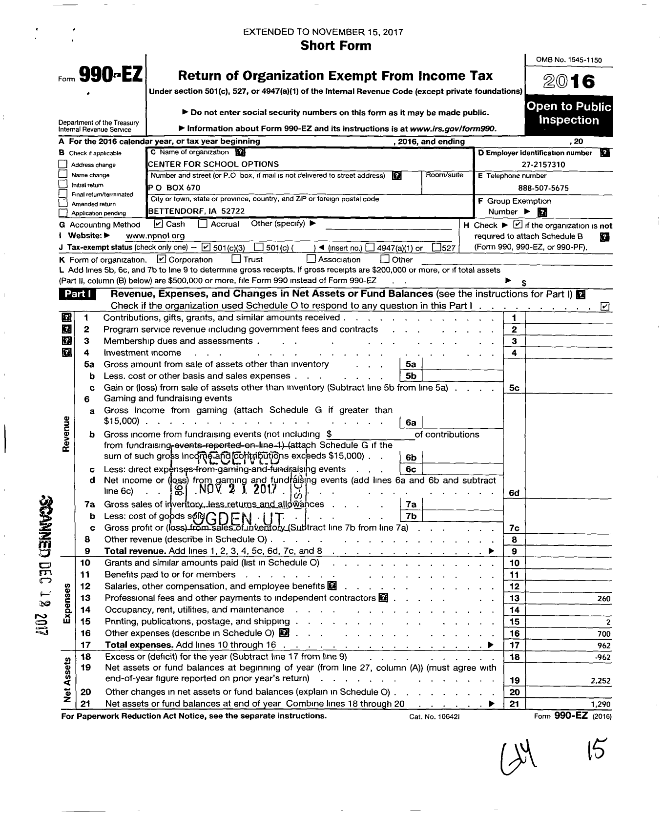 Image of first page of 2016 Form 990EZ for The National Parent Network for Online Learning