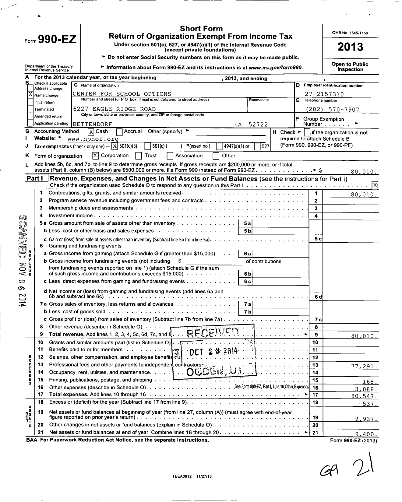 Image of first page of 2013 Form 990EZ for The National Parent Network for Online Learning