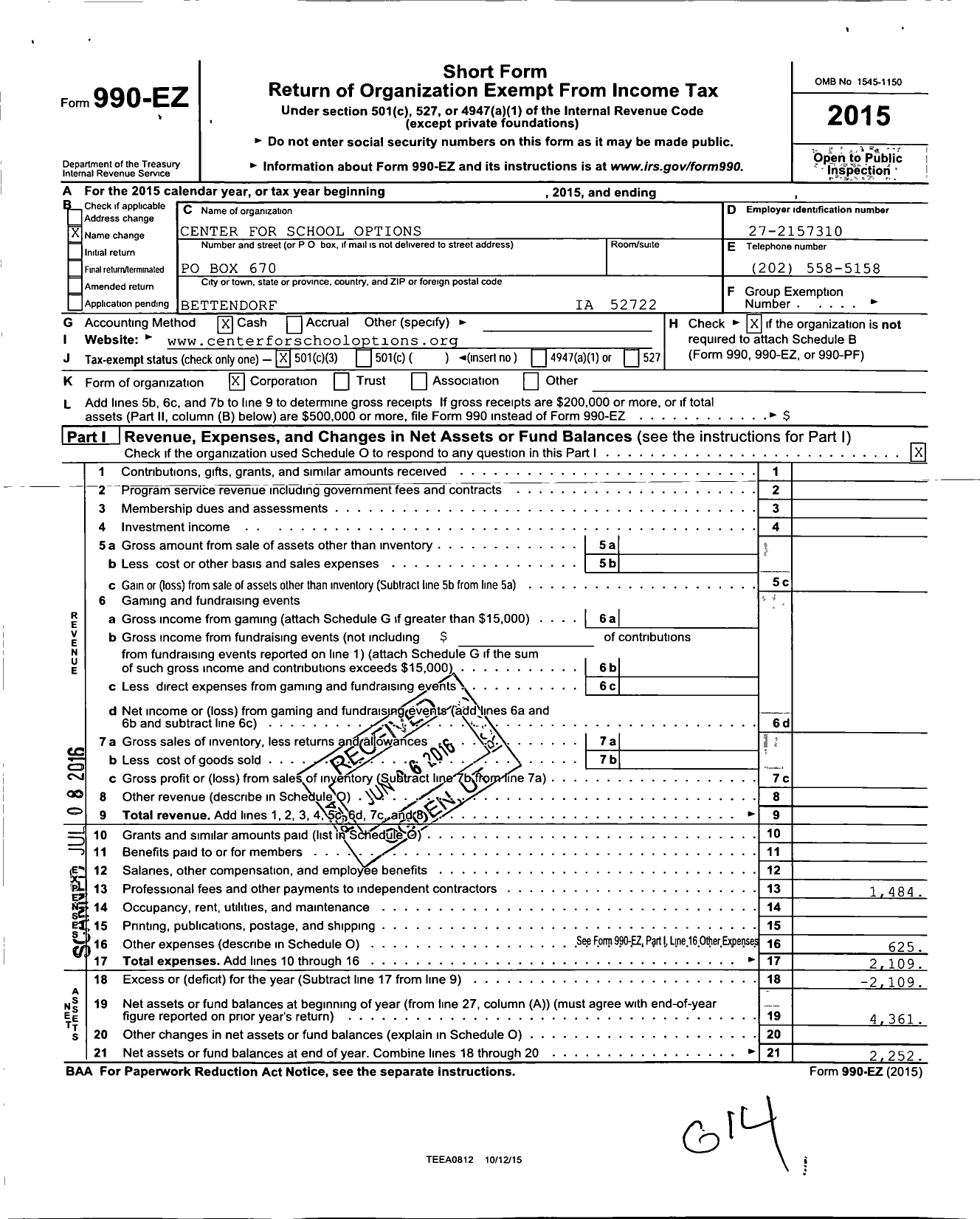 Image of first page of 2015 Form 990EZ for The National Parent Network for Online Learning