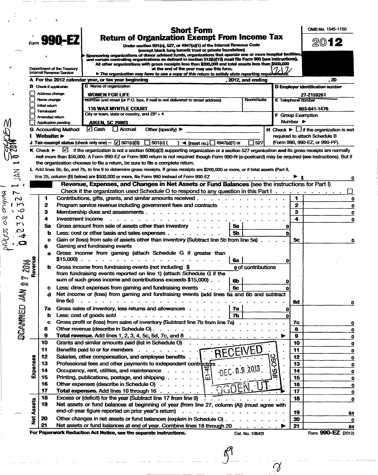 Image of first page of 2012 Form 990EZ for Women for Life