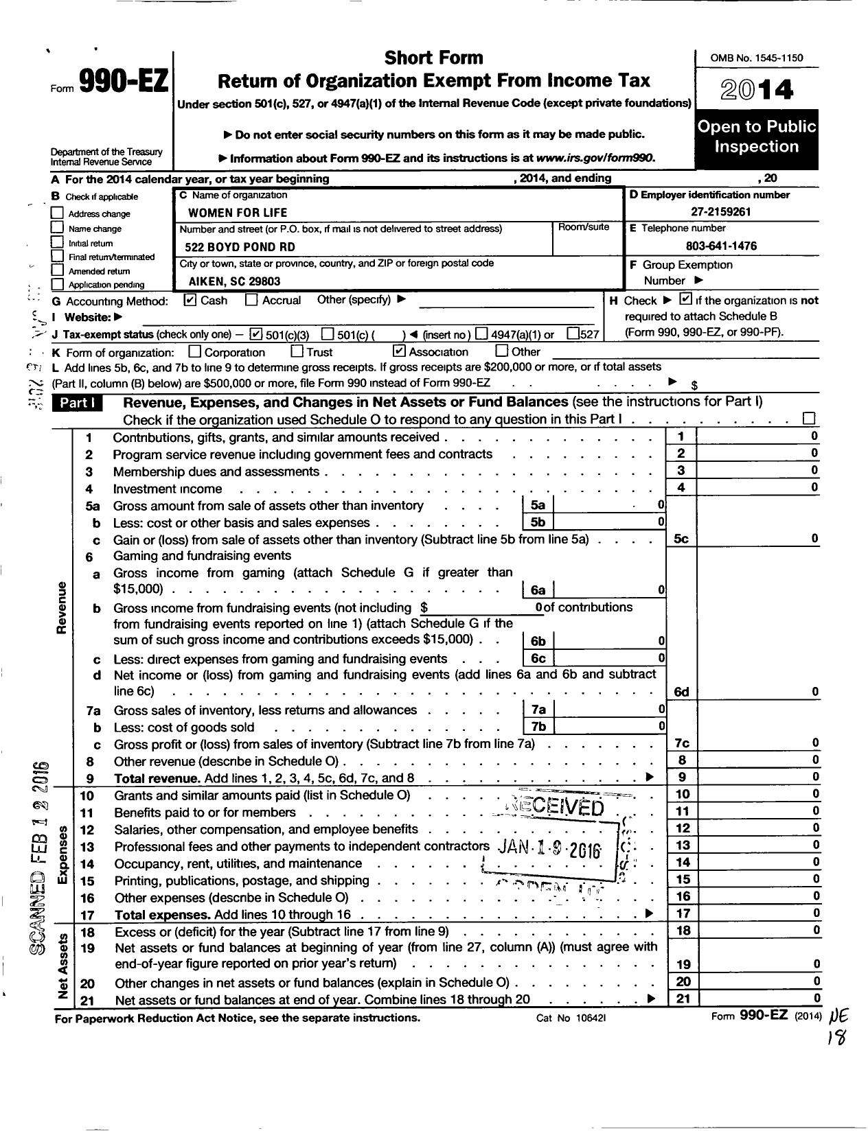 Image of first page of 2014 Form 990EZ for Women for Life