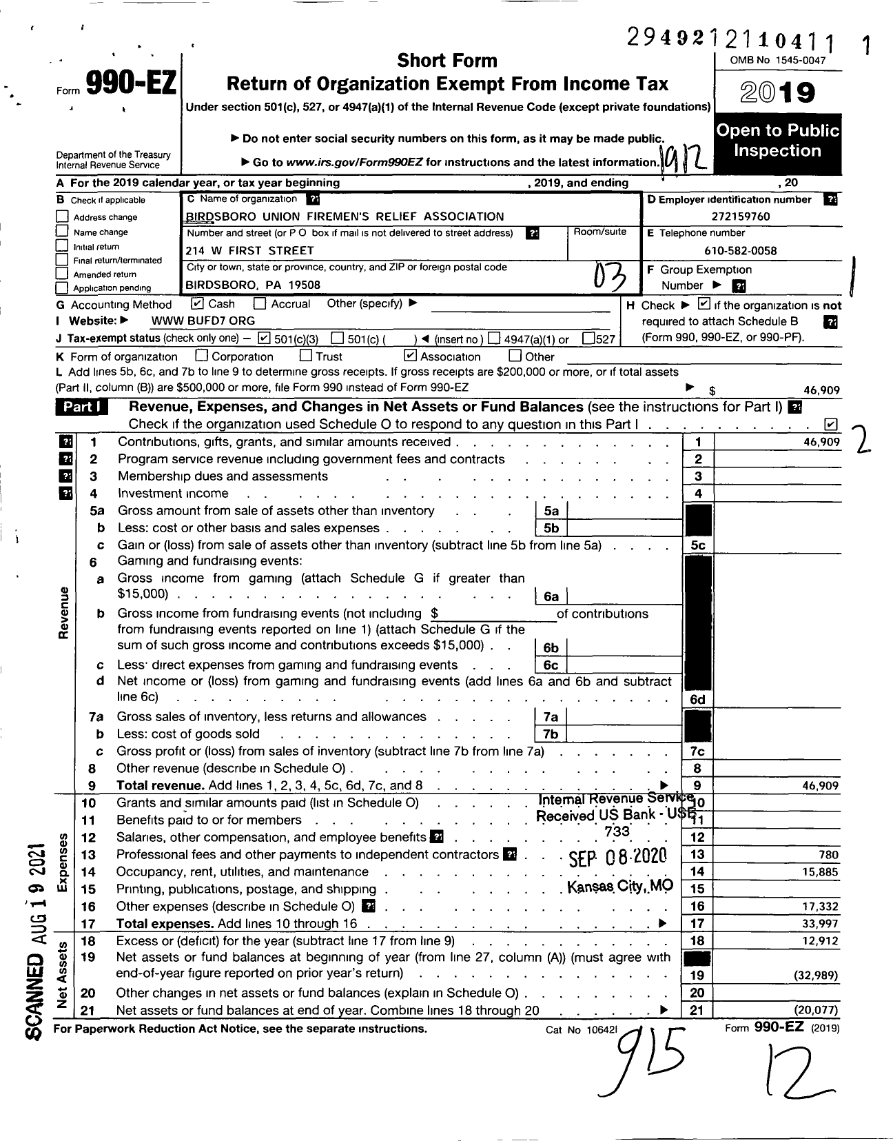 Image of first page of 2019 Form 990EZ for Birdsboro-Union Relief Association