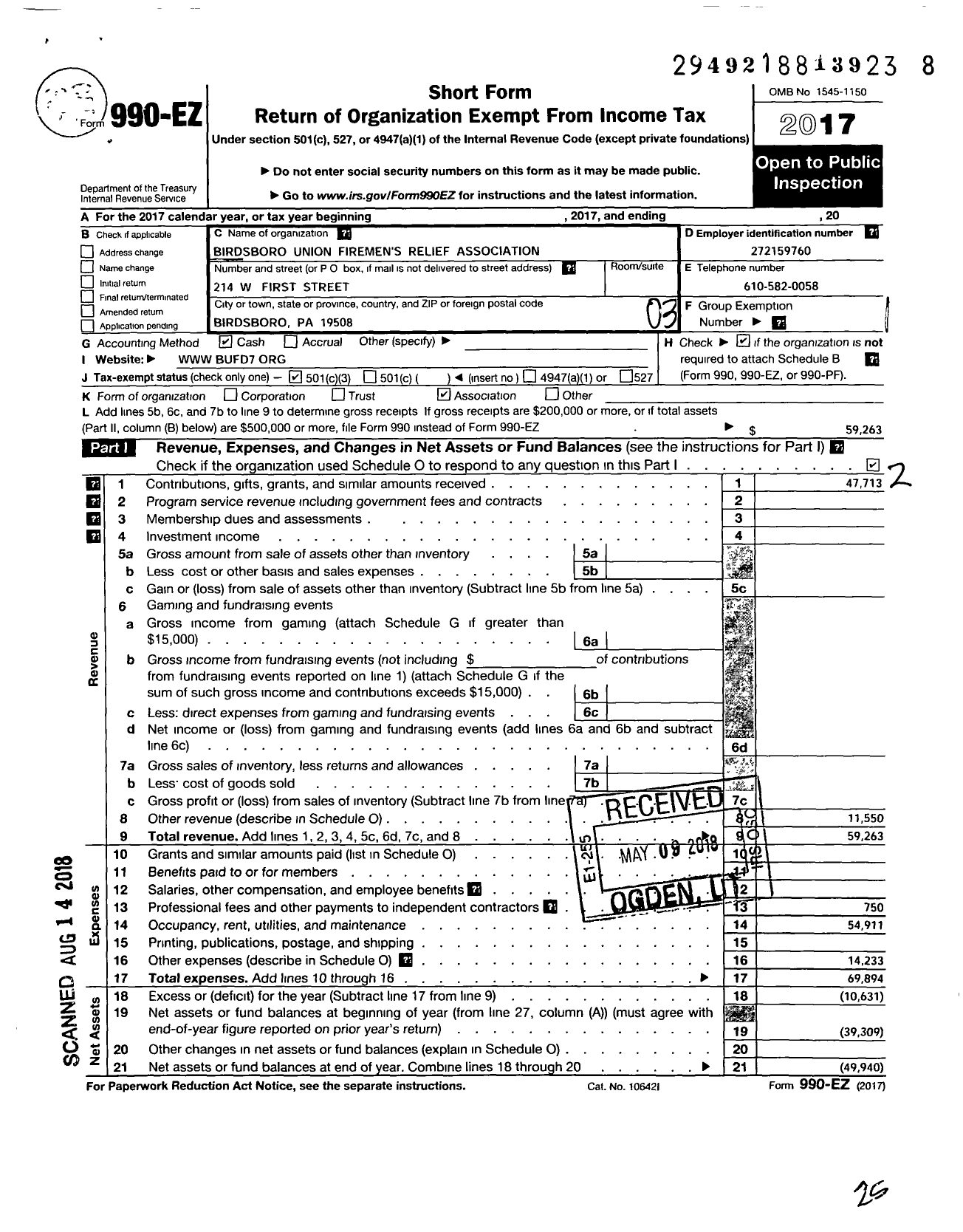 Image of first page of 2017 Form 990EZ for Birdsboro-Union Relief Association